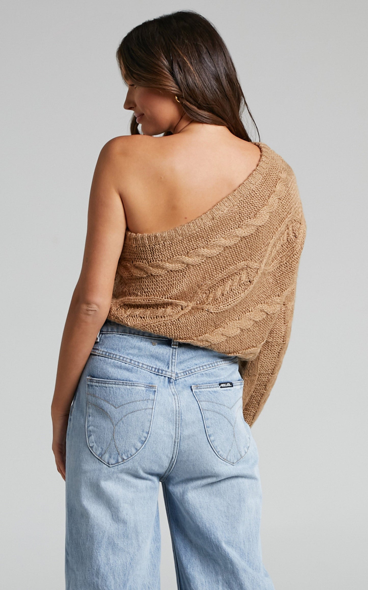 Denka Jumper - One Shoulder Cable Knit Jumper in Brown