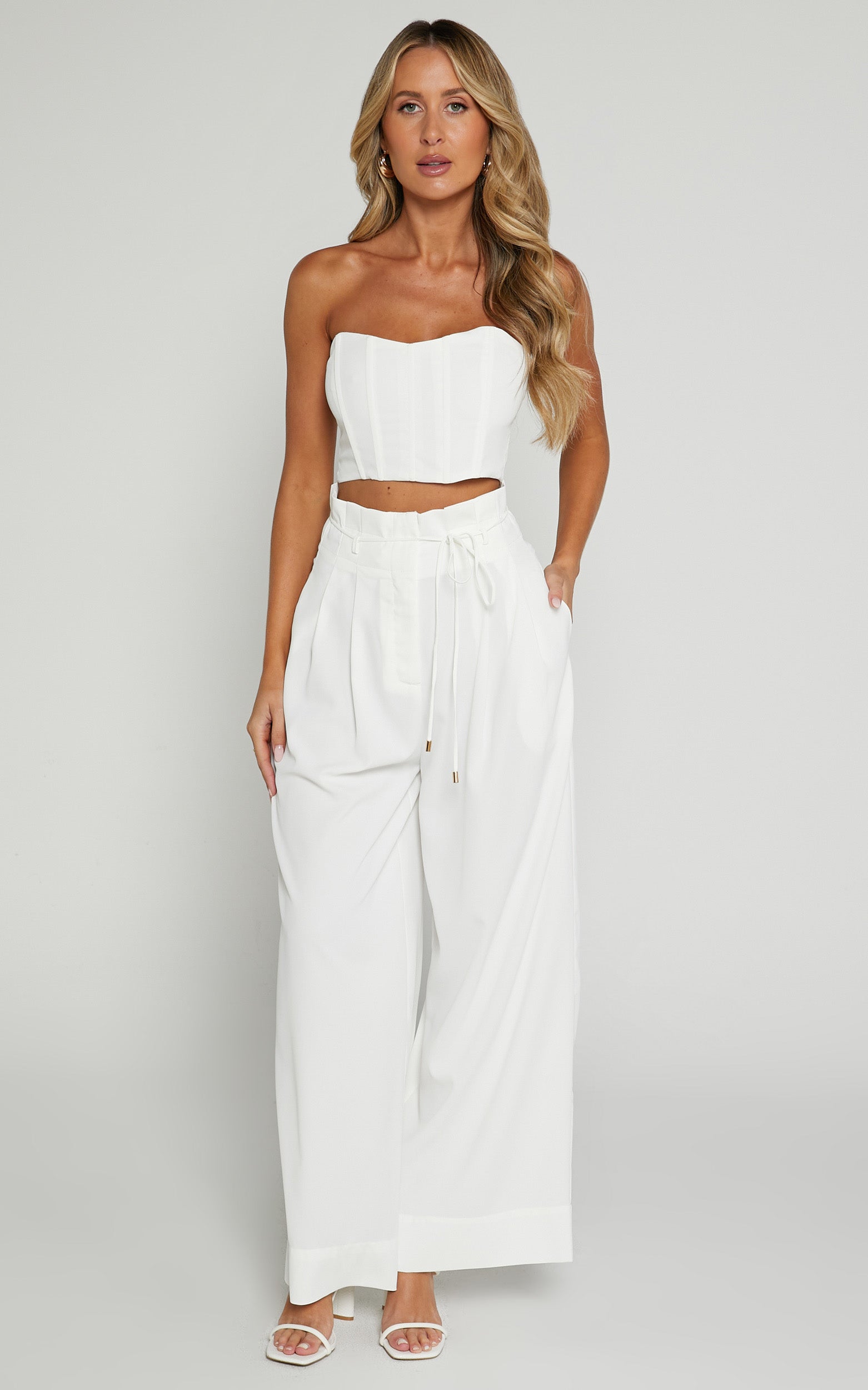 Denmark Two Piece Top and Pants Set - Strapless Top & Wide Leg Set in White
