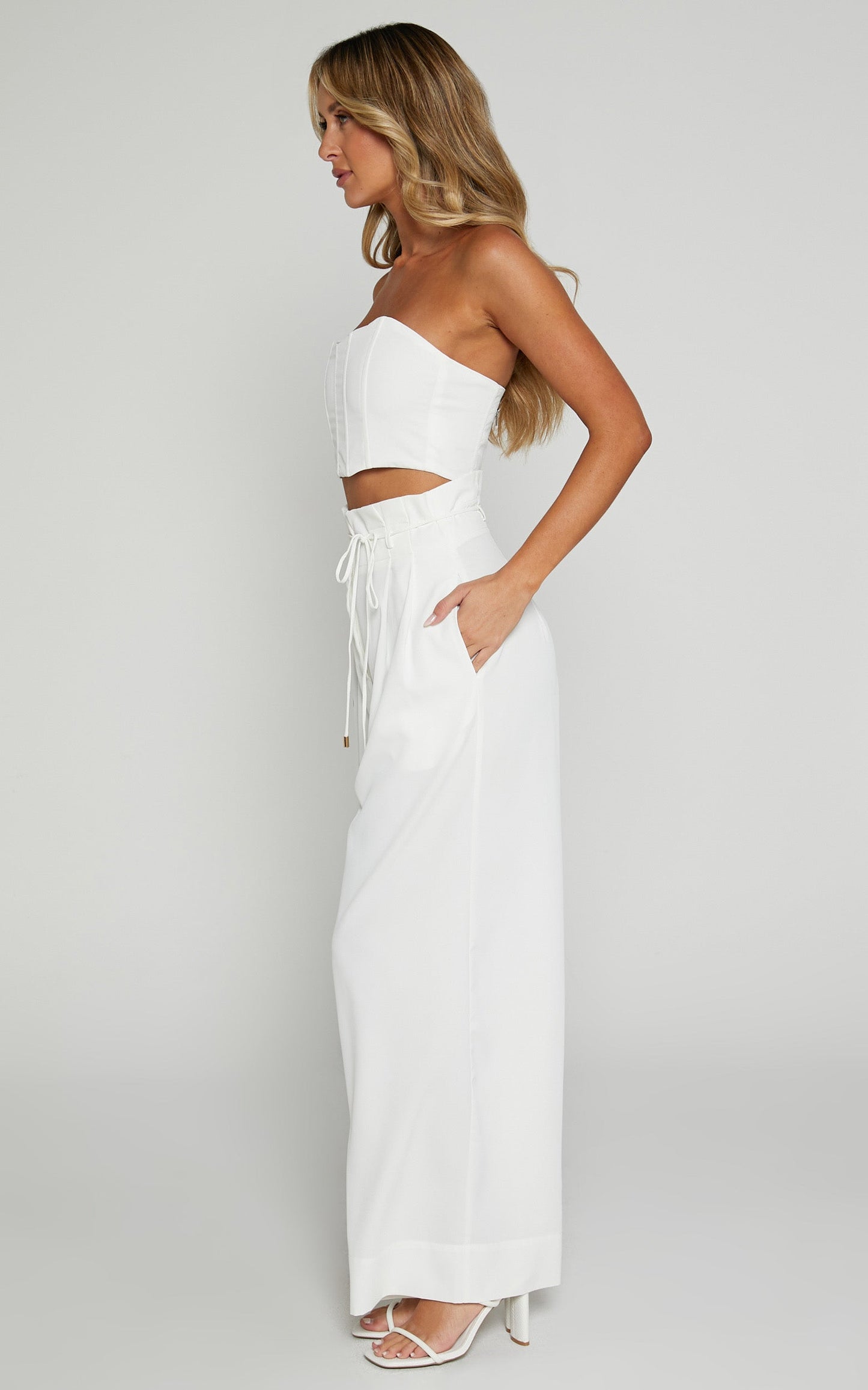 Denmark Two Piece Top and Pants Set - Strapless Top & Wide Leg Set in White