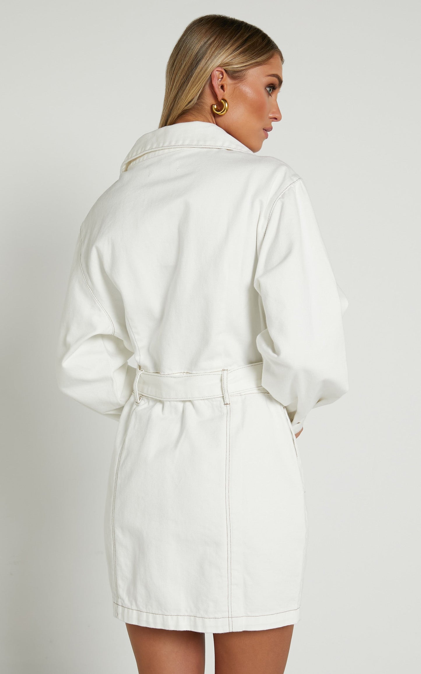 Desi Mini Dress - Long Sleeve Collared Button Through Denim Dress in Off White