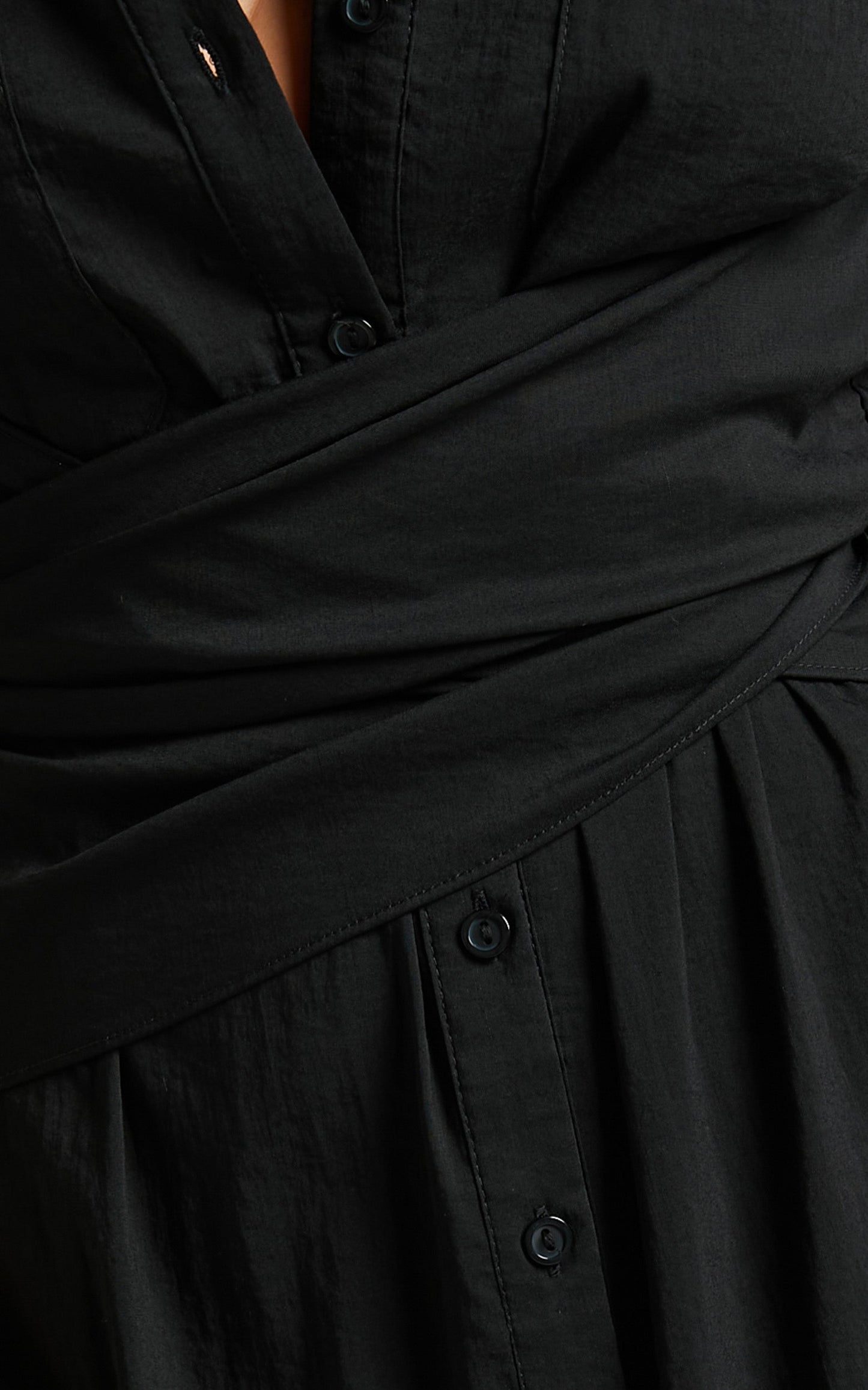 Devane Midi Dress - Belted Short Sleeve Shirt Dress in Black