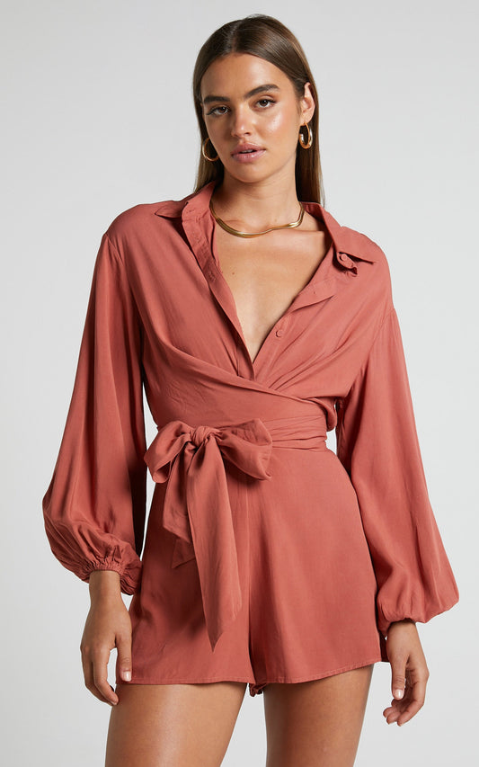 Devina Playsuit - Long Sleeve Tie Waist Playsuit in Clay