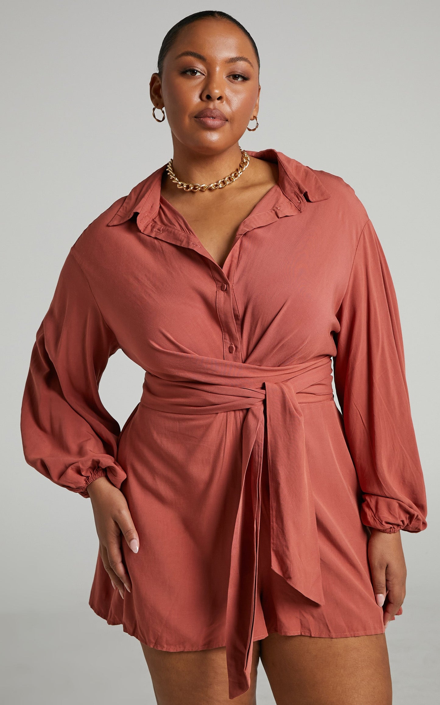 Devina Playsuit - Long Sleeve Tie Waist Playsuit in Clay