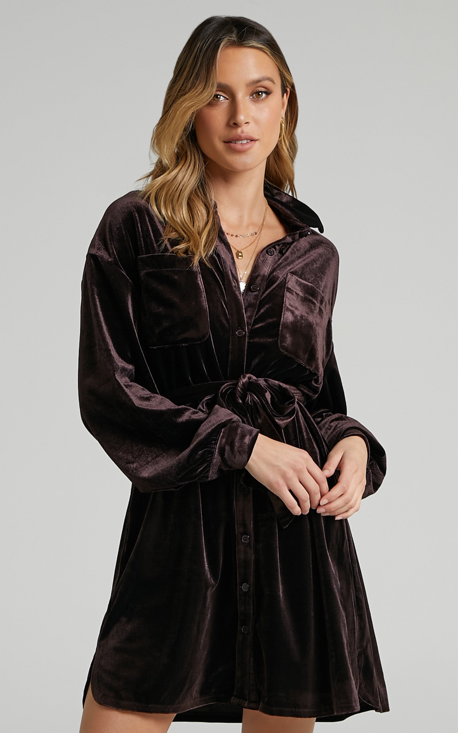 Devreux Mini Dress - Button Up Collared Shirt Dress in Chocolate Velvet