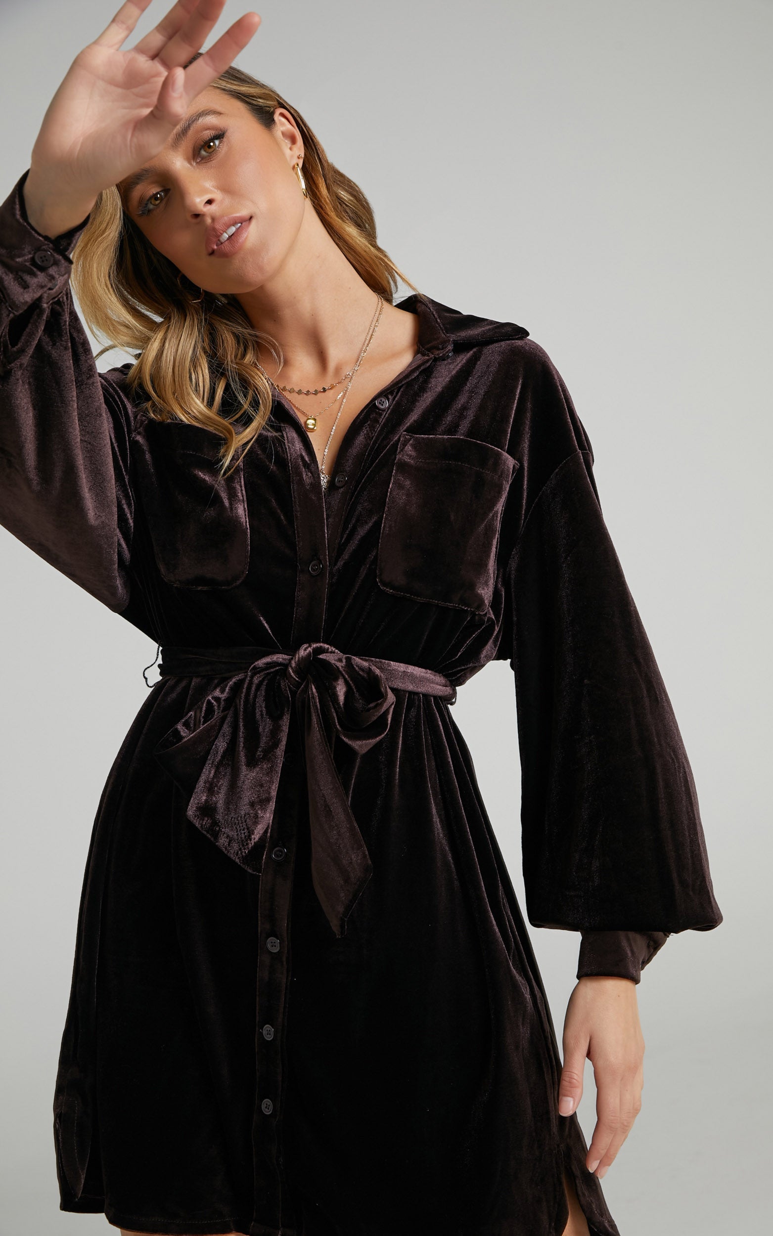 Devreux Mini Dress - Button Up Collared Shirt Dress in Chocolate Velvet