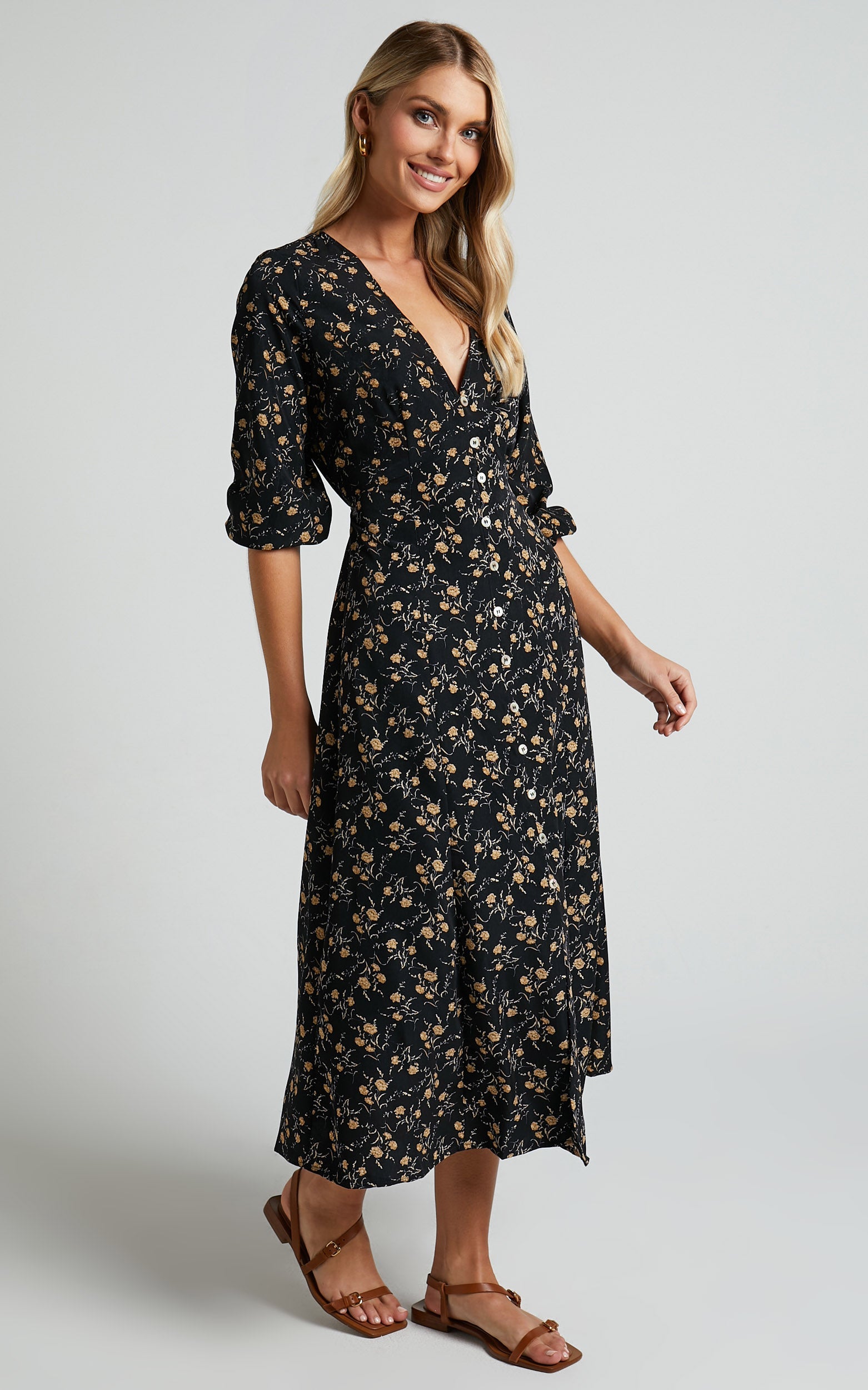 Dexter Midi Dress - Button Through Elastic Cuff Dress in Black Floral