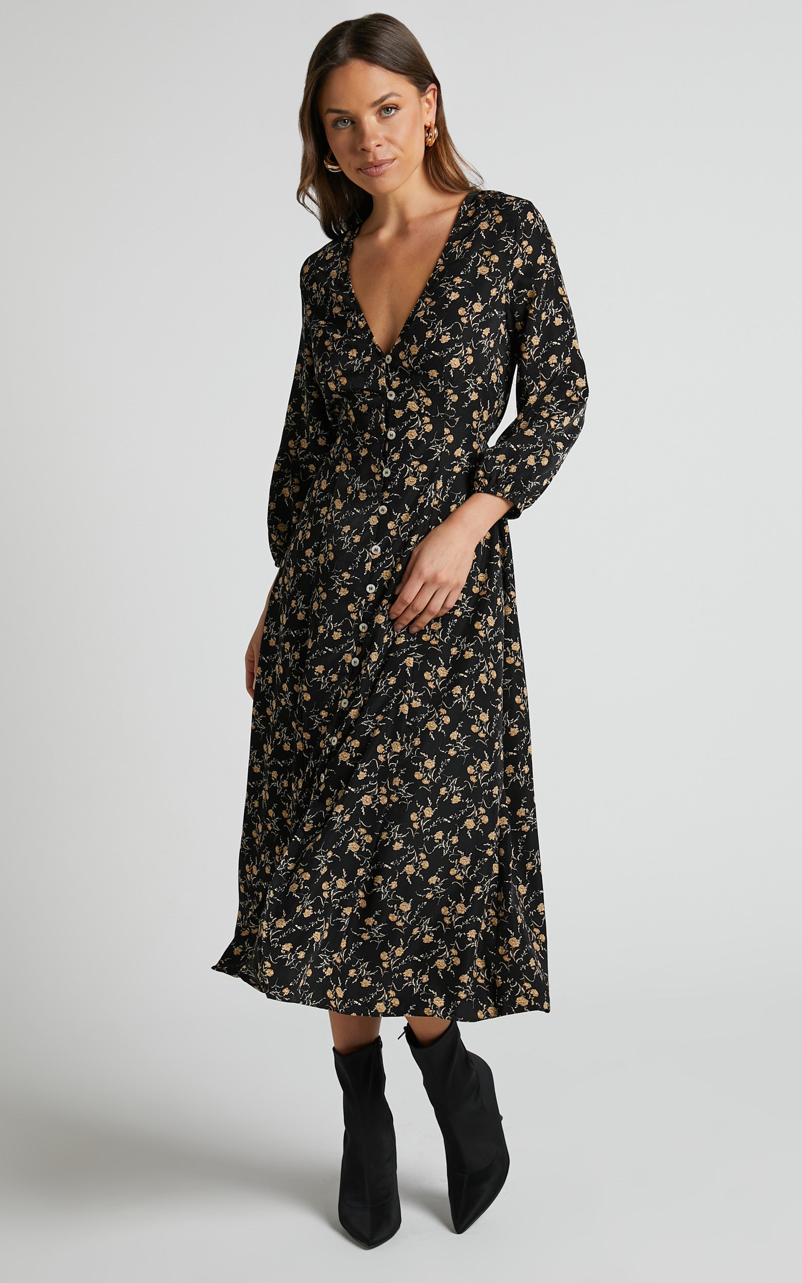 Dexter Midi Dress - Button Through Elastic Cuff Dress in Black Floral