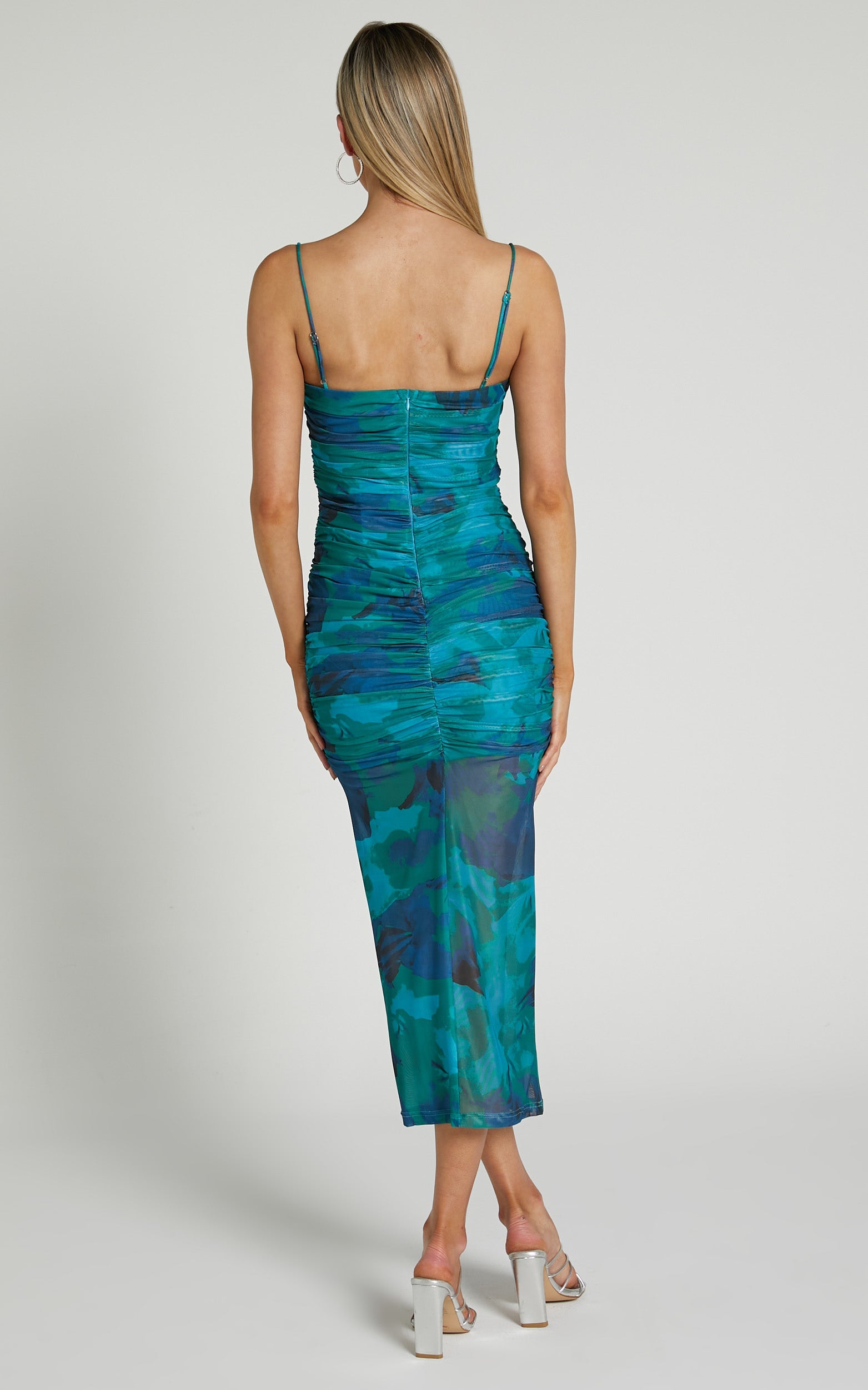Dheffy Midi Dress - Cowl Neck Bodycon Midi Dress in Green Blur