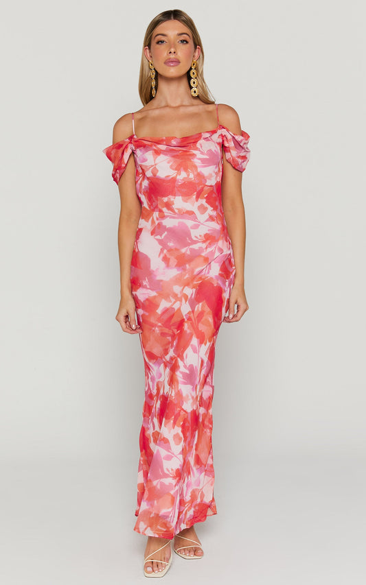 Dhilaila Midi Dress - Cowl Neck Short Sleeve Dress in Burnt Orange Floral