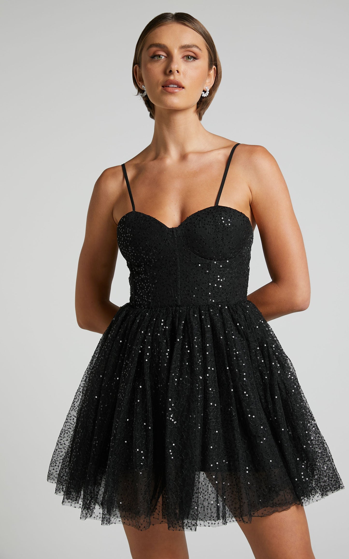 Diana Mini Dress - Sequin Tulle Sweetheart Corset Dress in Black