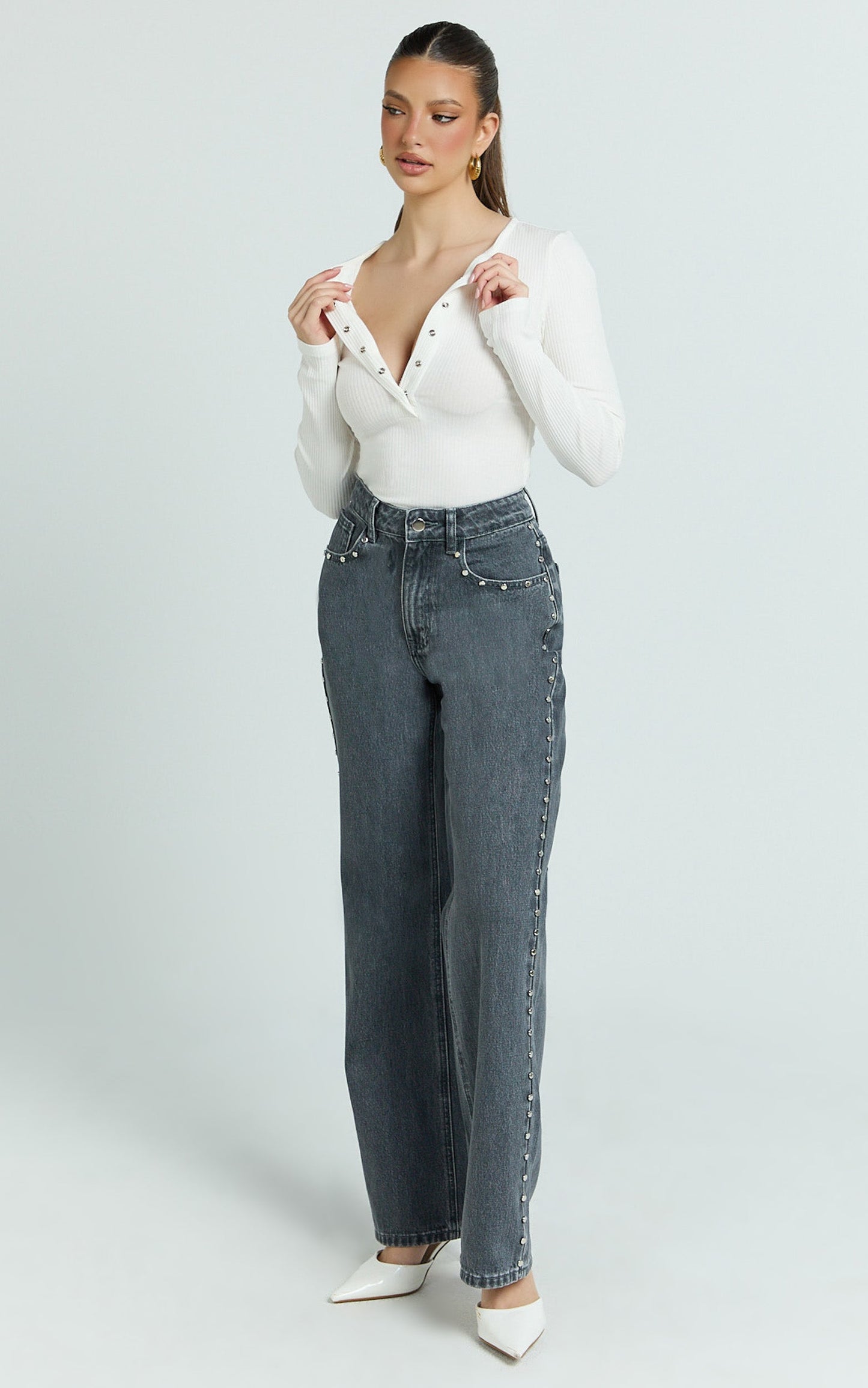 Diana Top - Long Sleeve Cropped Henley Top in White