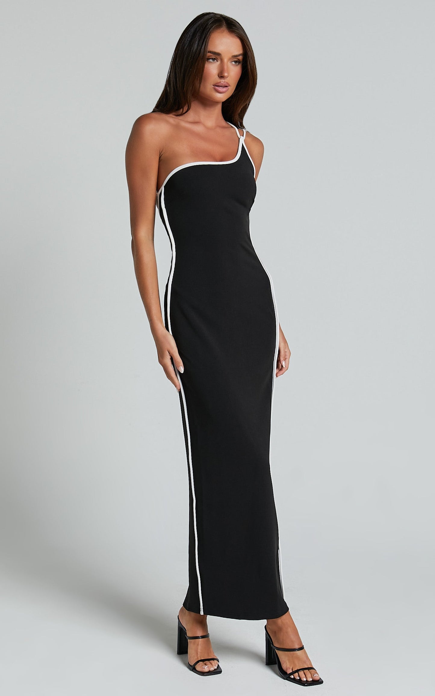 Diane Midi Dress - One Shoulder Strap Back Split Slip Dress in Black