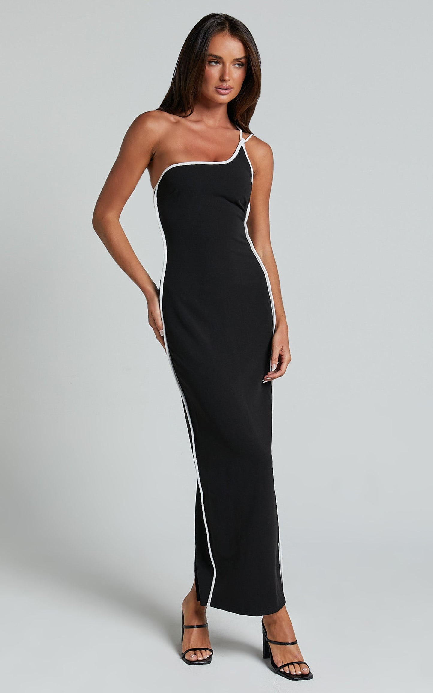 Diane Midi Dress - One Shoulder Strap Back Split Slip Dress in Black