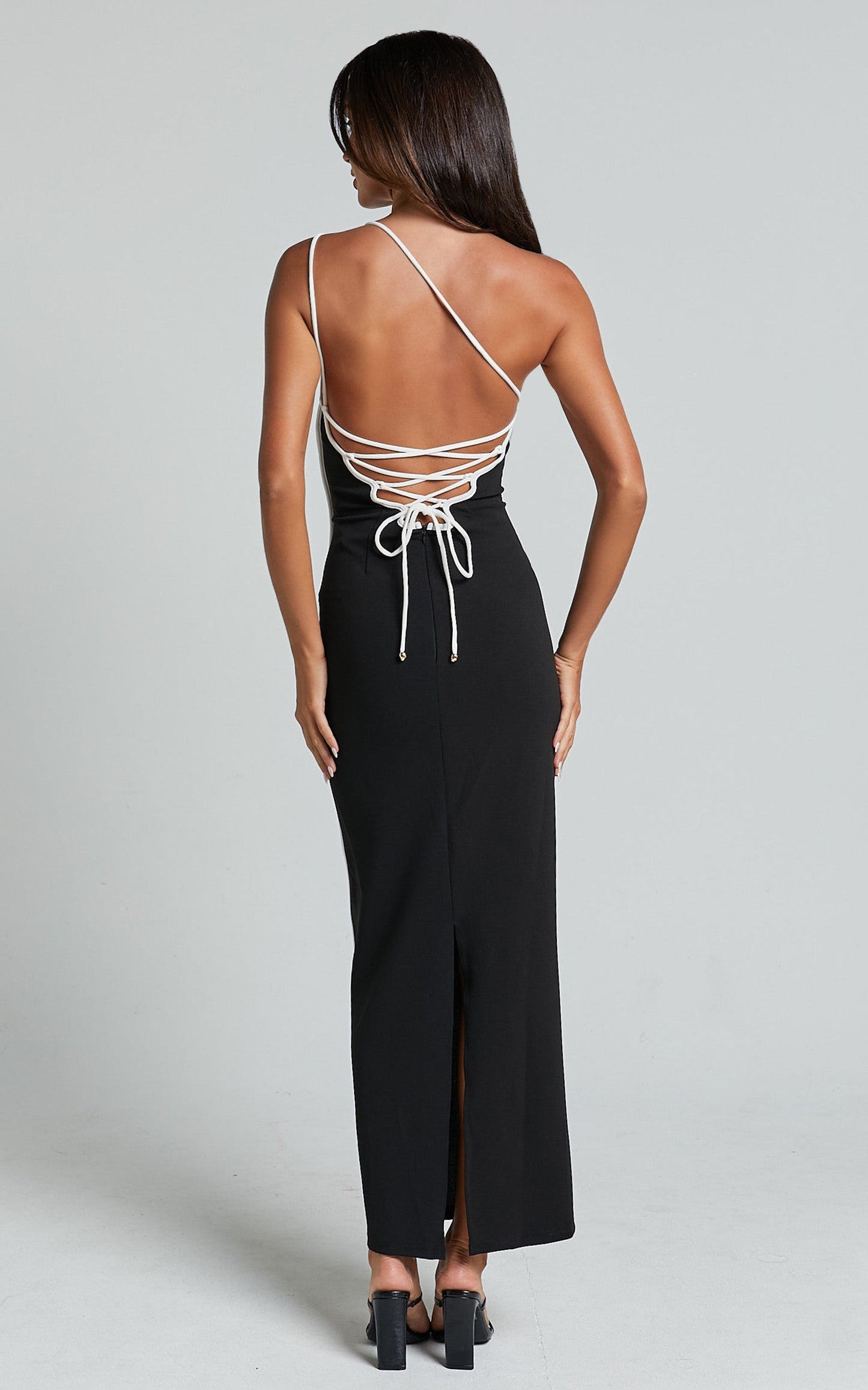 Diane Midi Dress - One Shoulder Strap Back Split Slip Dress in Black