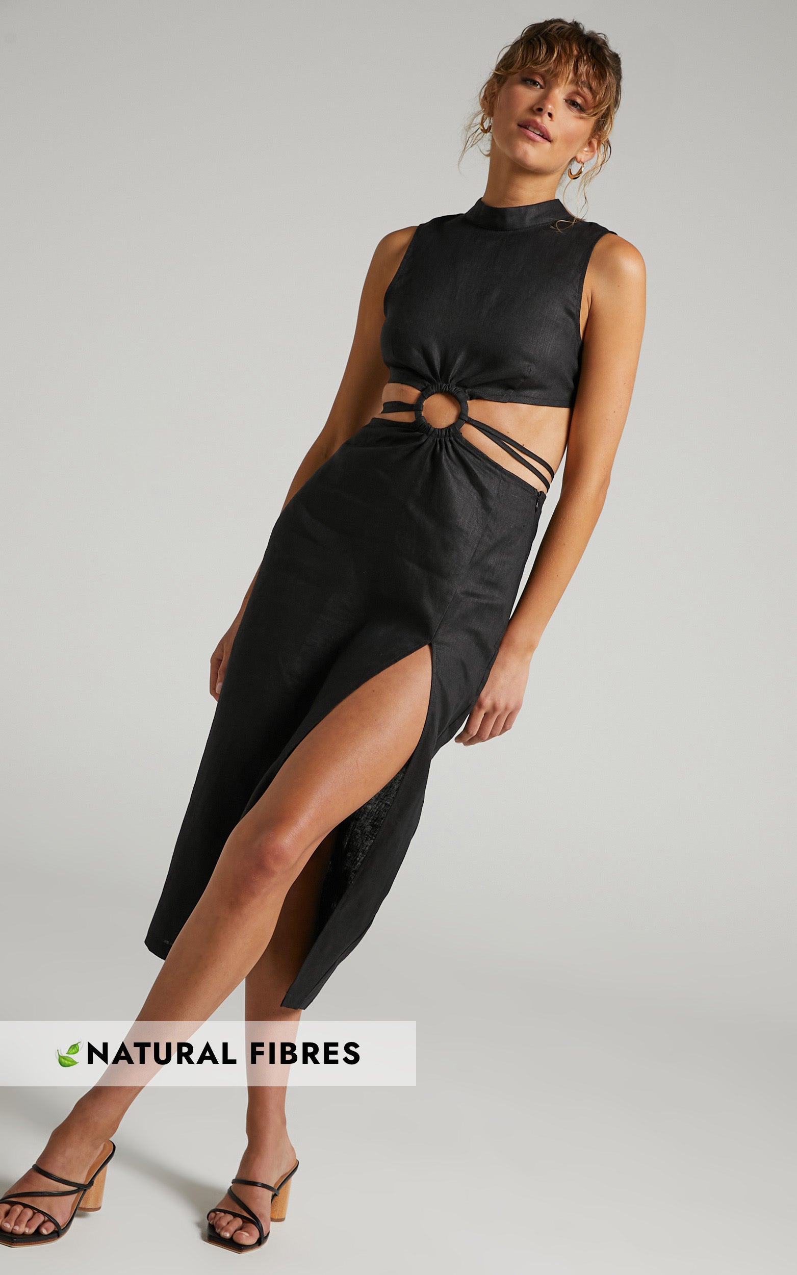 Amalie The Label - Dimity Linen Ring Detail High Neck Midi Linen Dress in Black