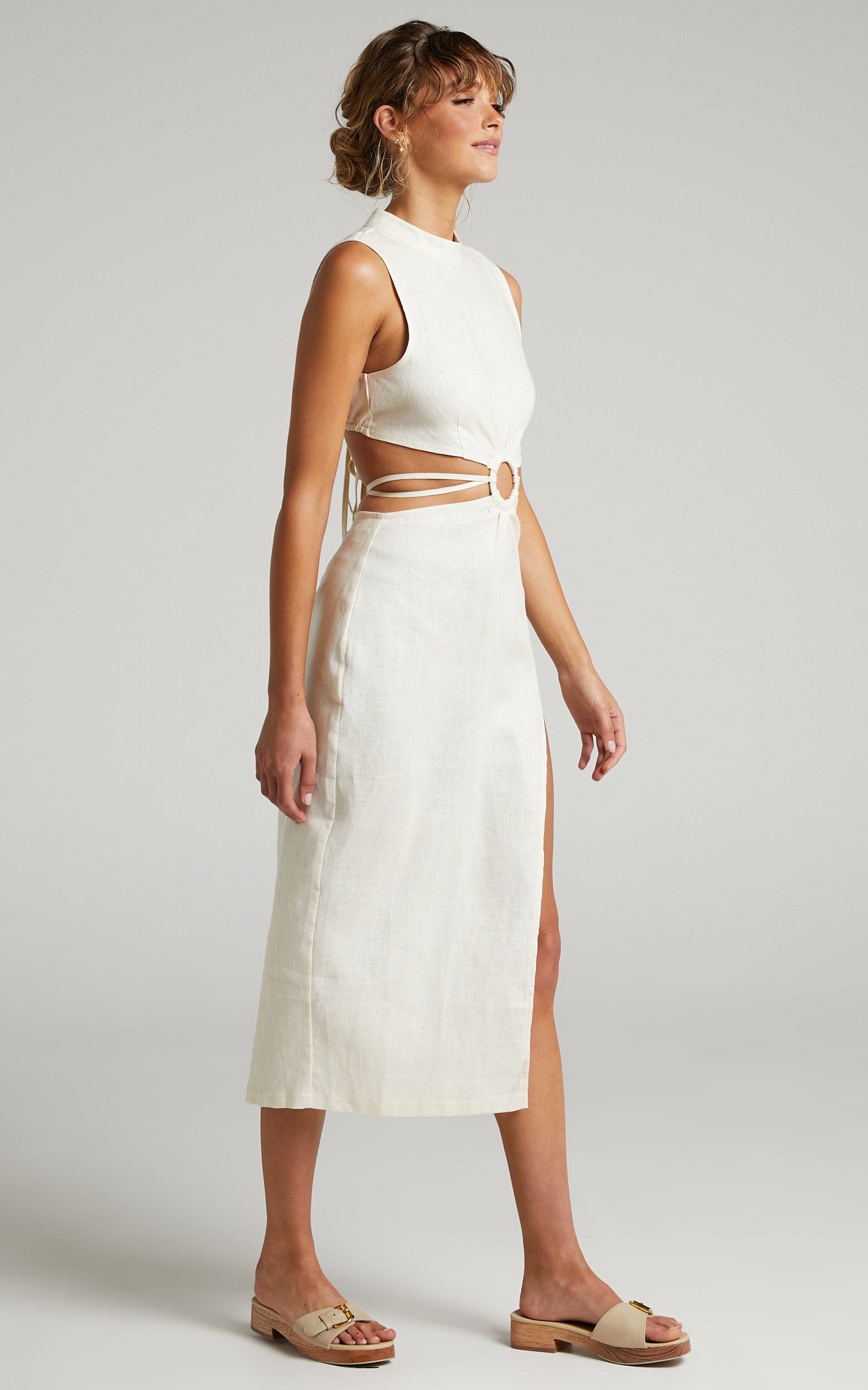 Amalie The Label - Dimity Linen Ring Detail High Neck Midi Linen Dress in cream