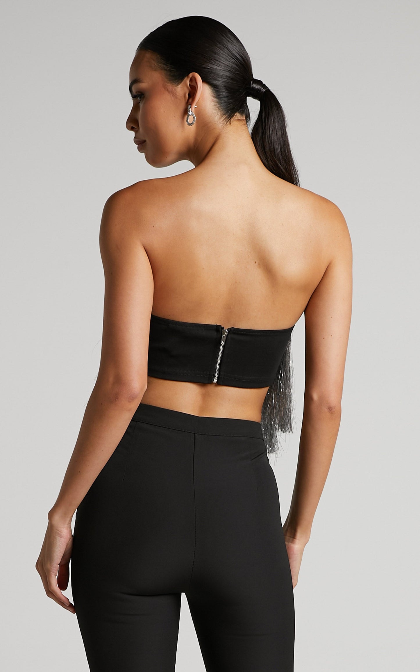 Dina Top - Strapless Fringe Tier Crop Top in Silver