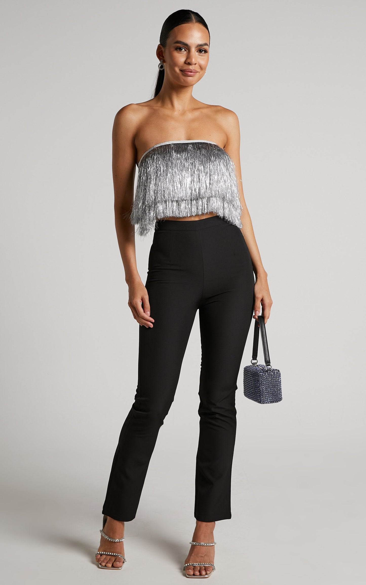 Dina Top - Strapless Fringe Tier Crop Top in Silver