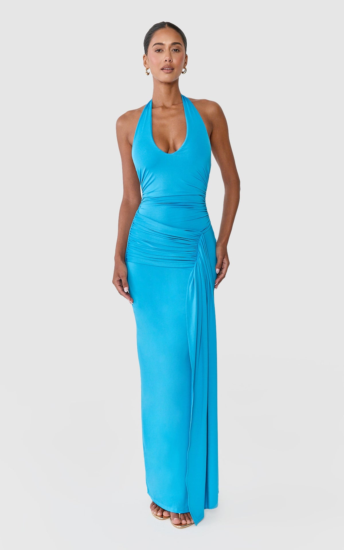 Dixie Maxi Dress - Plunge Halter Low Back Dress in Azure Blue