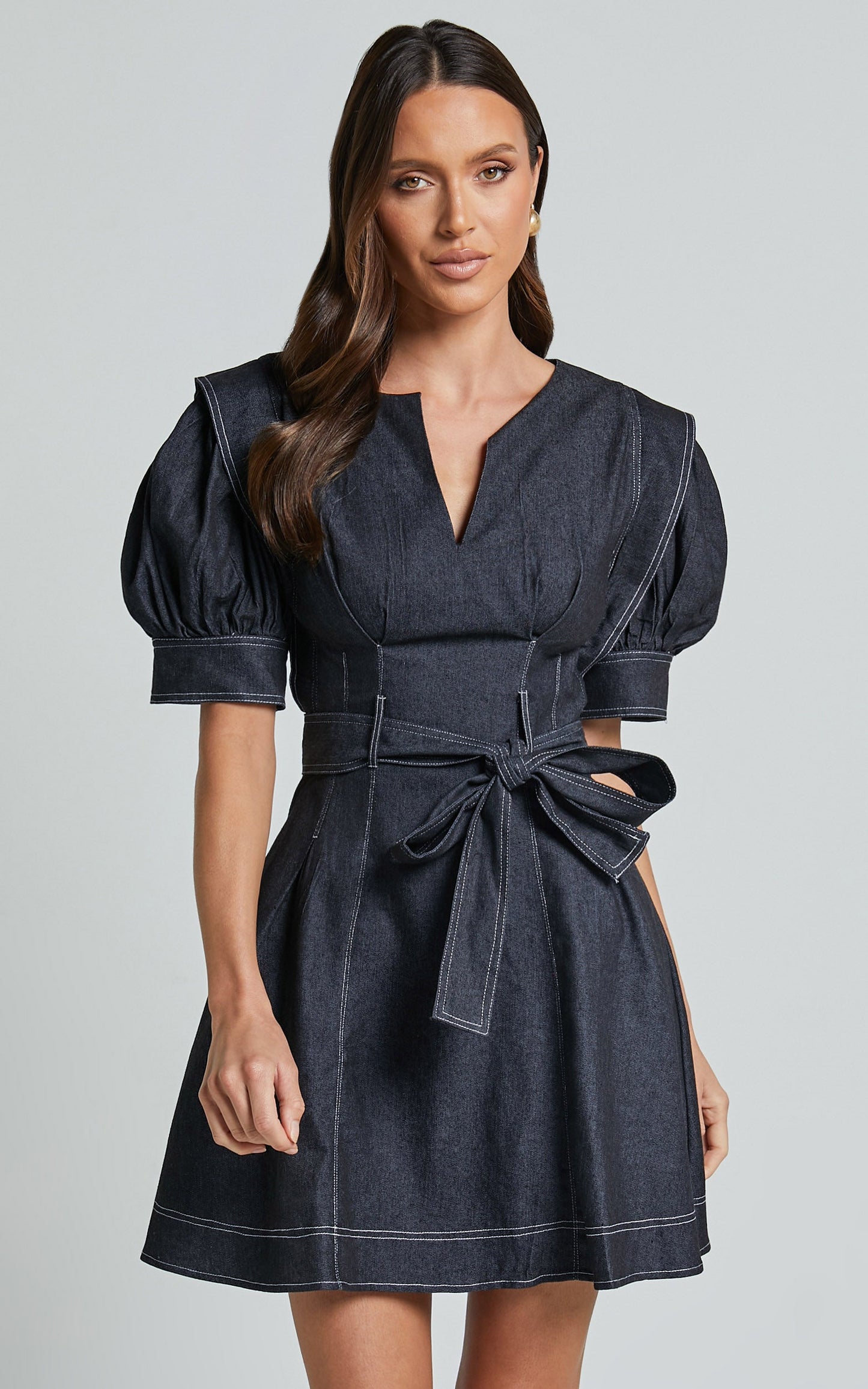 Dolores Mini Dress - Close V Neck Short Puff Sleeve Belted Dress in Black