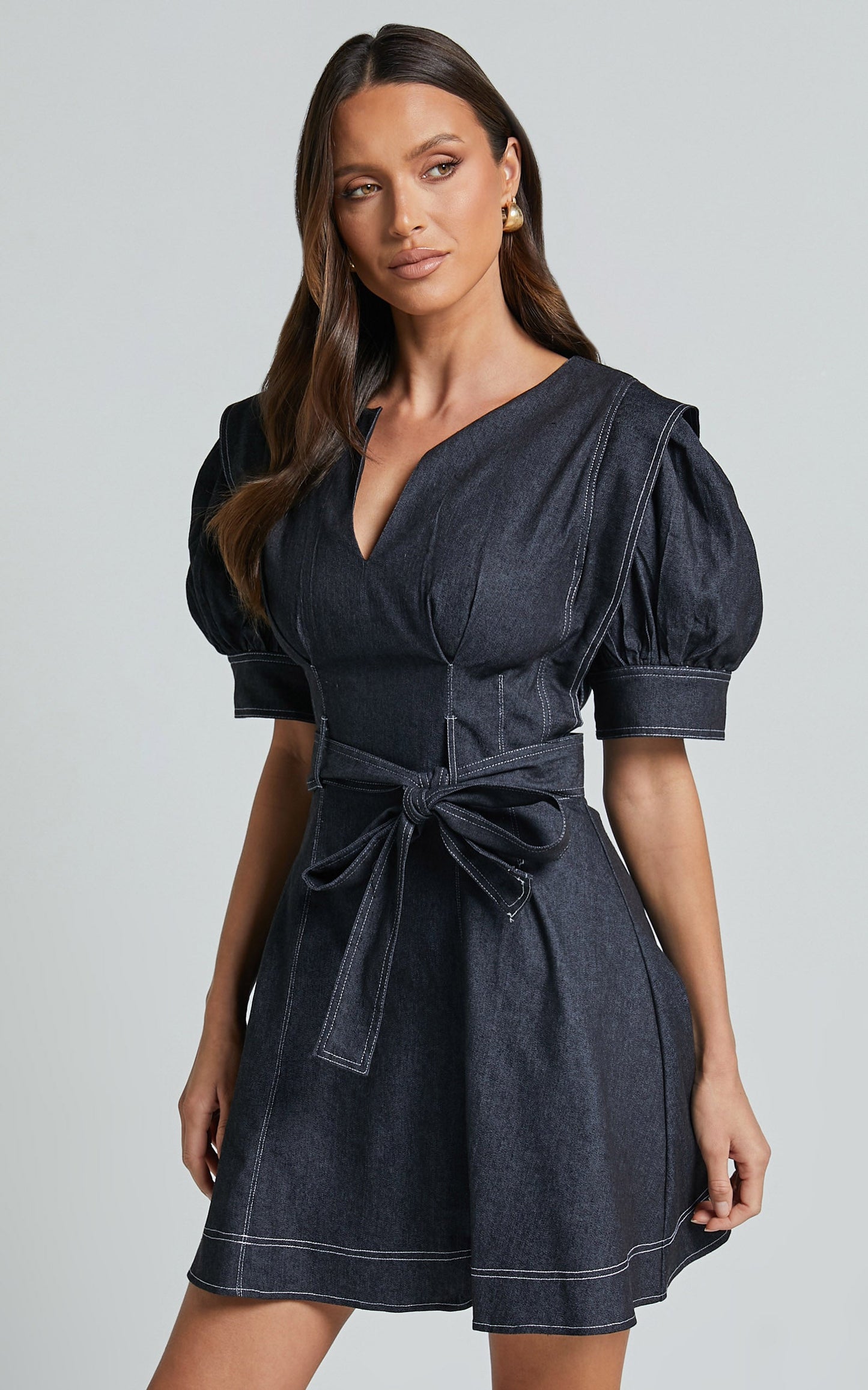 Dolores Mini Dress - Close V Neck Short Puff Sleeve Belted Dress in Black