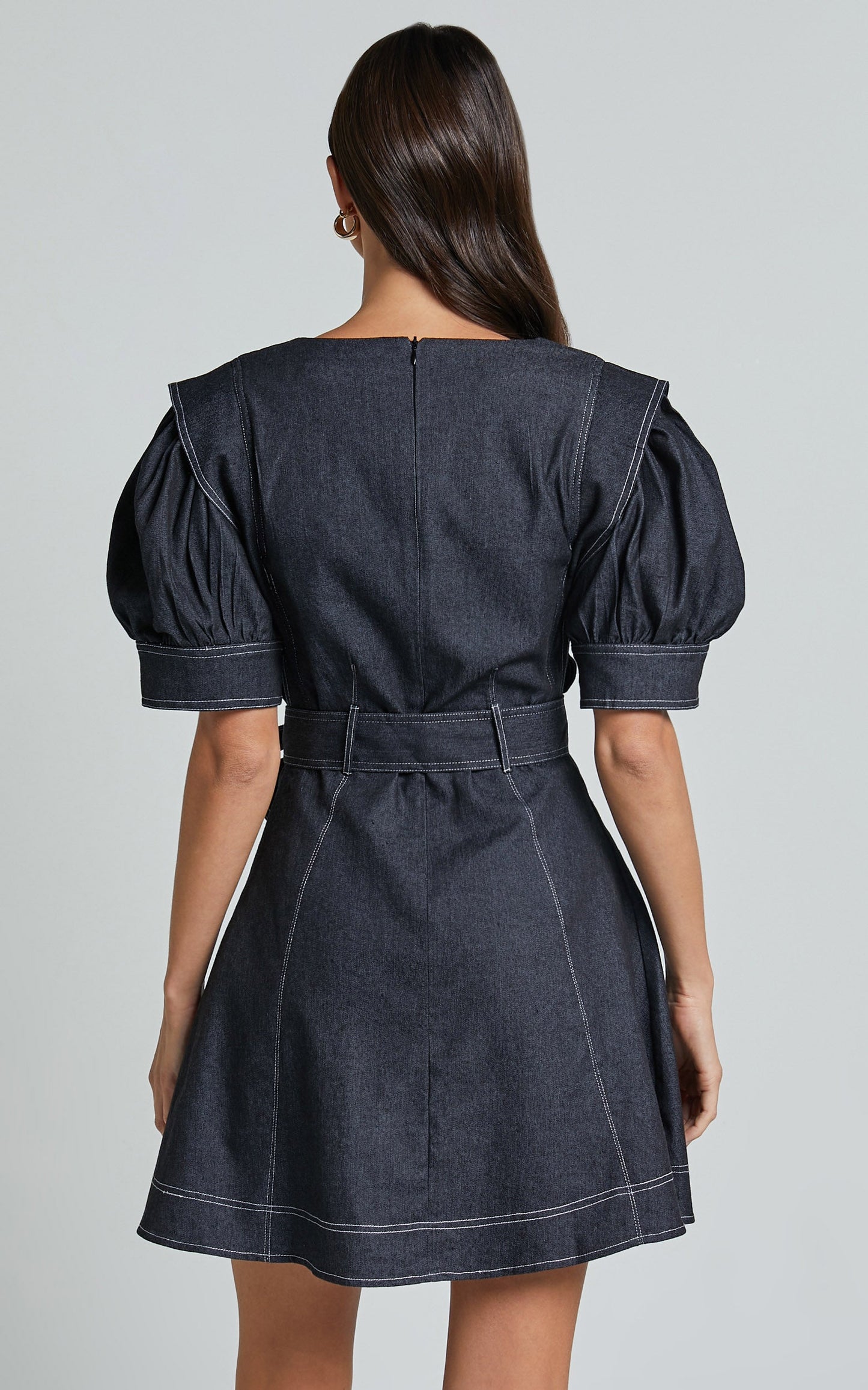 Dolores Mini Dress - Close V Neck Short Puff Sleeve Belted Dress in Black