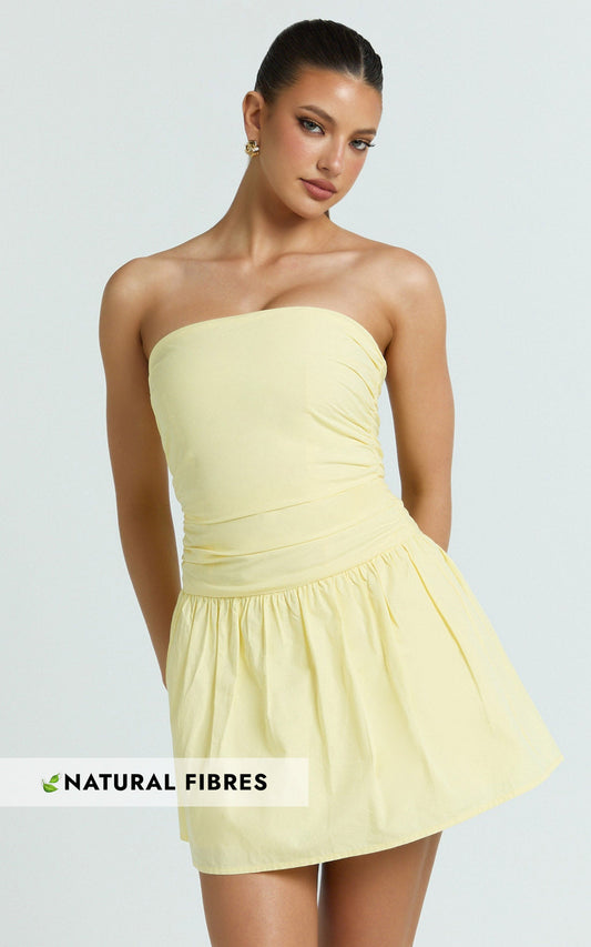Donatella Mini Dress - Strapless Drop Waist Dress in Lemon