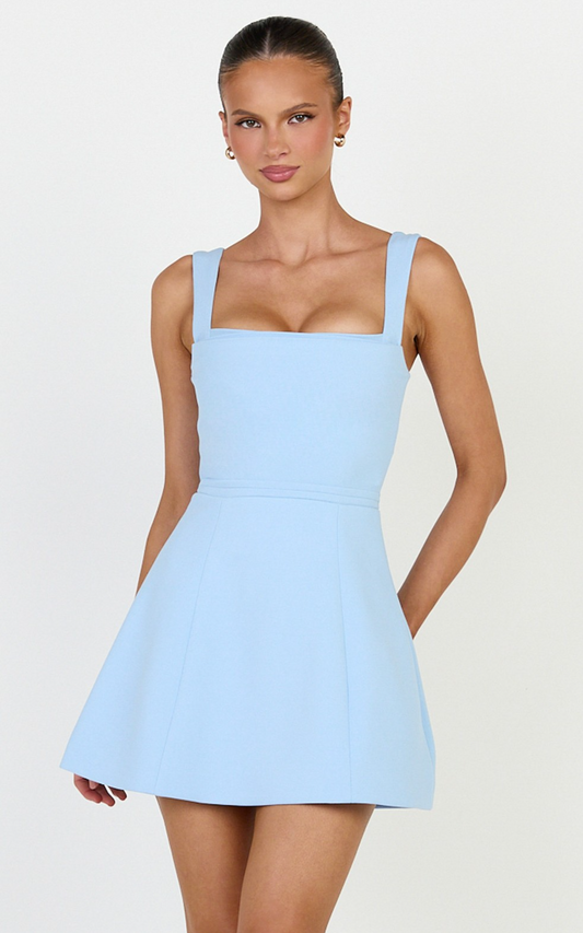 Donna Mini Dress - Square Neck Pin Tucked Waist Tulip Skirt Dress in Light Blue