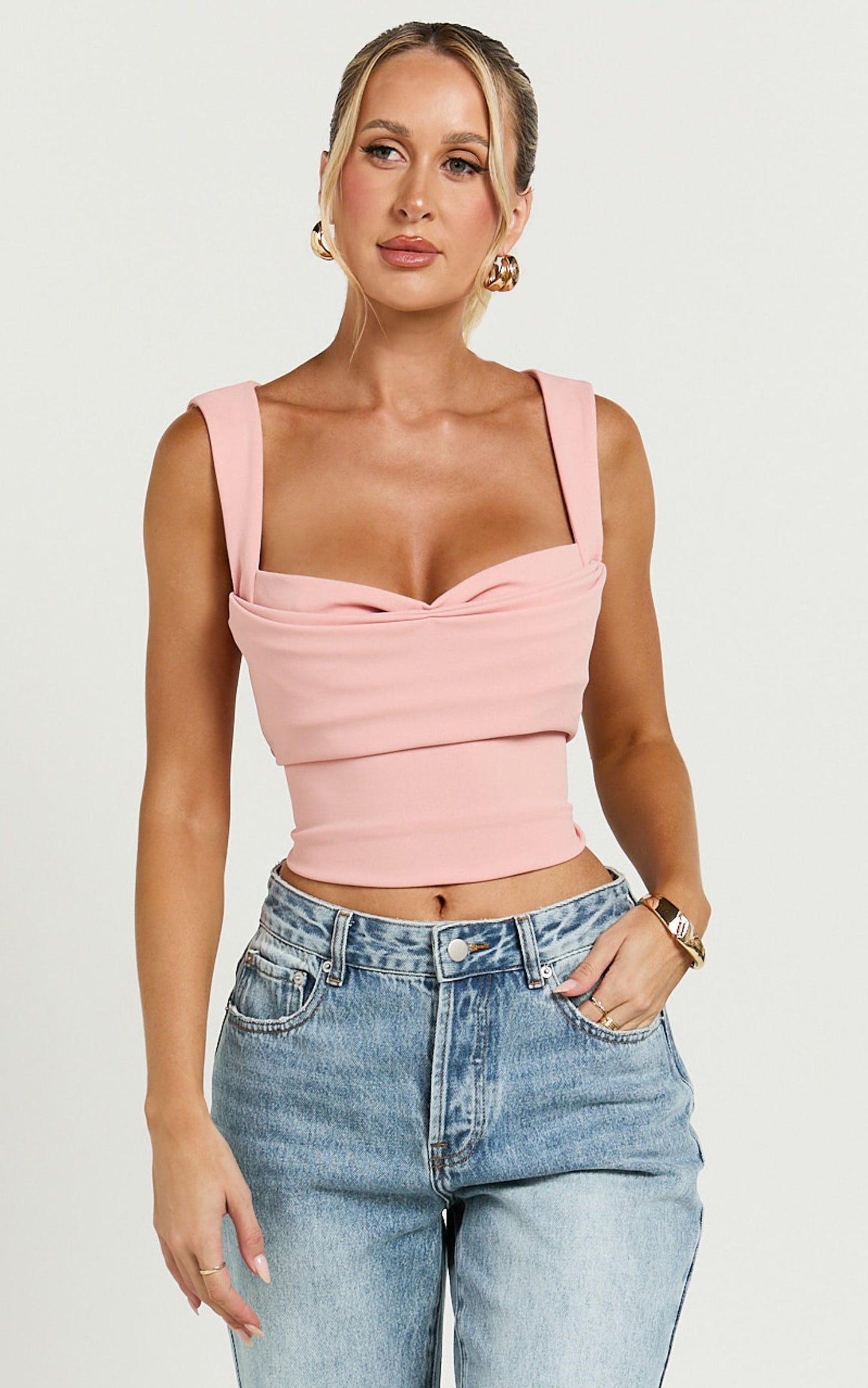 Donna Top - Cowl Neck Corset Top in Pale Pink