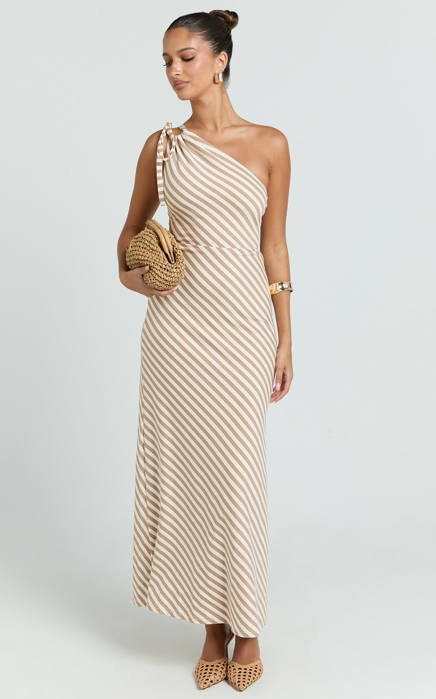 Dora Midi Dress - One Shoulder Dress in Beige