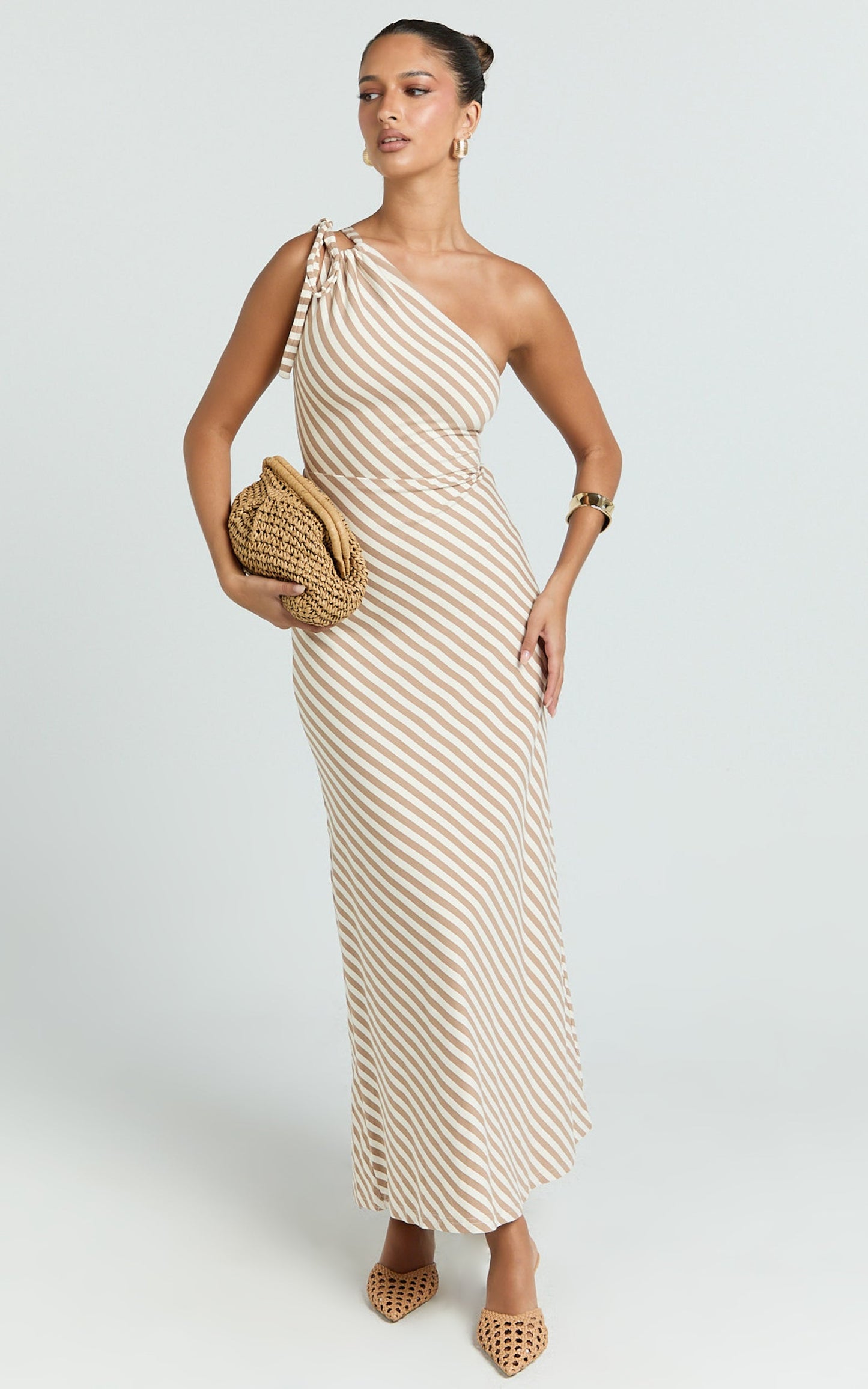 Dora Midi Dress - One Shoulder Dress in Beige