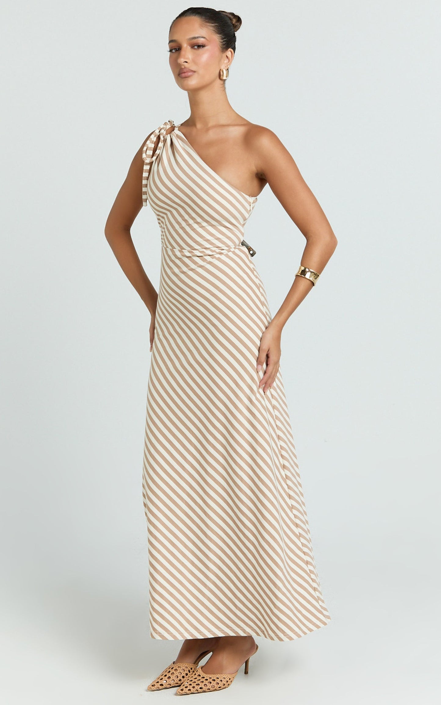 Dora Midi Dress - One Shoulder Dress in Beige