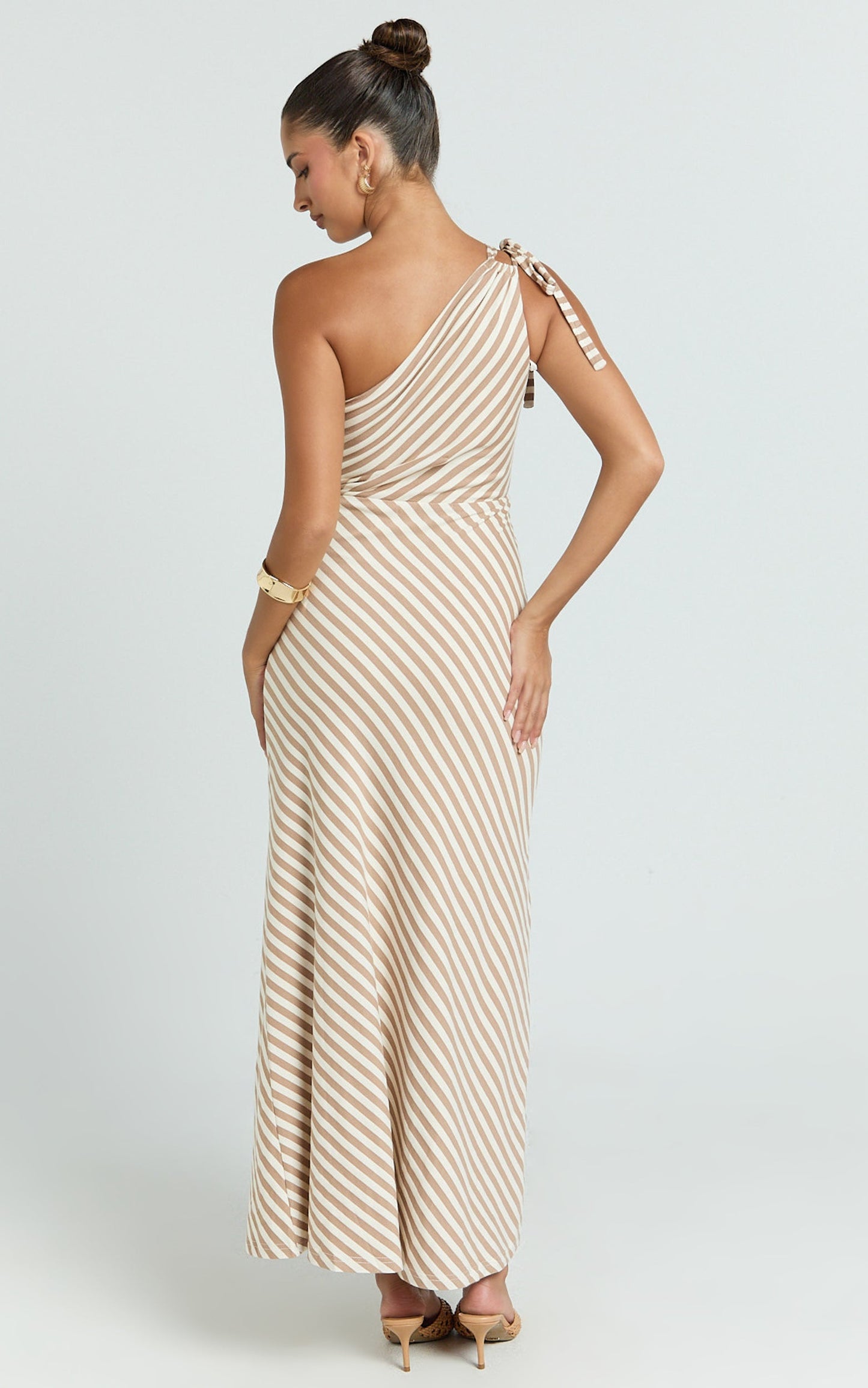 Dora Midi Dress - One Shoulder Dress in Beige