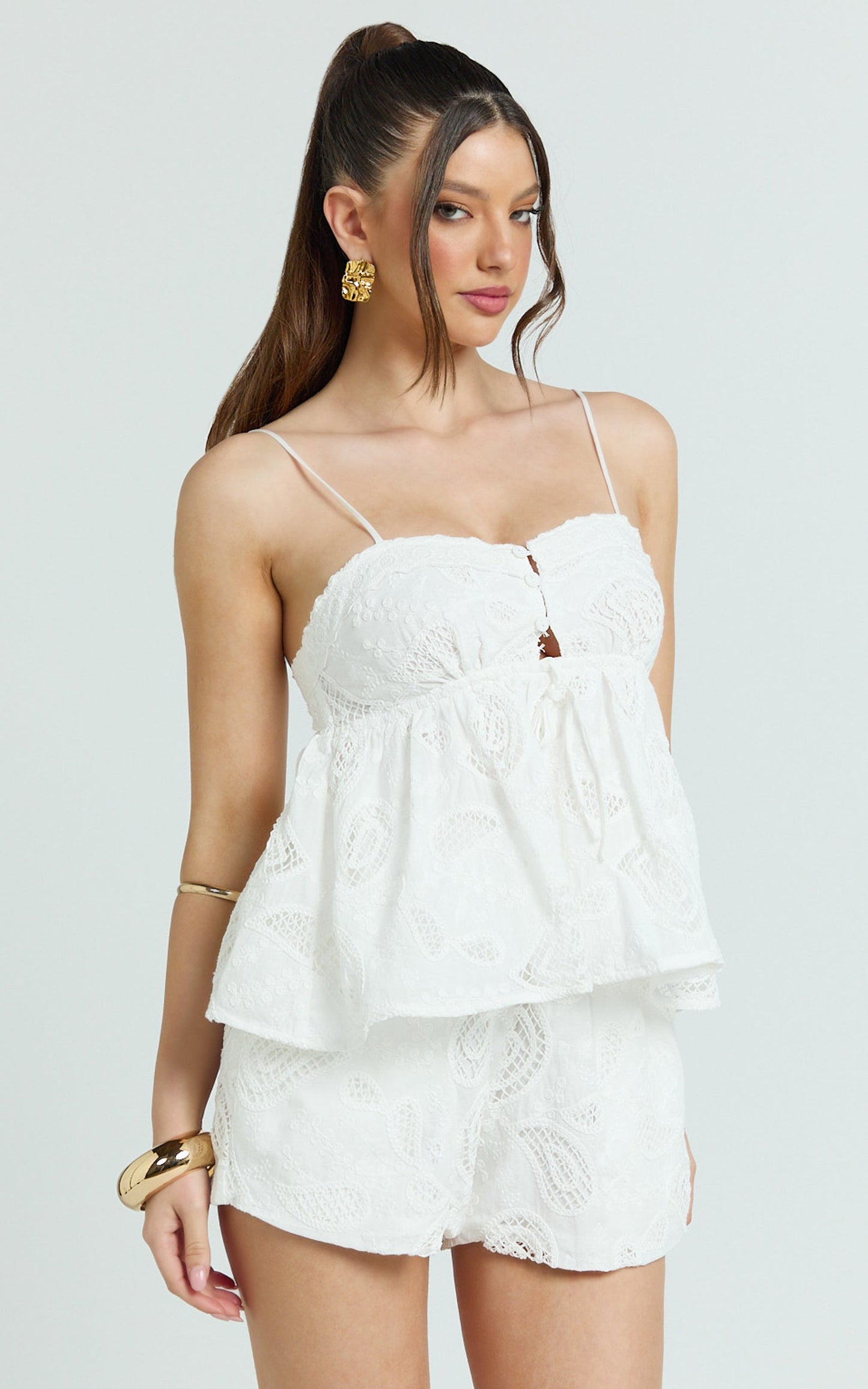 Duffy Top - Lace Trim Broderie Babydoll Camisole in White