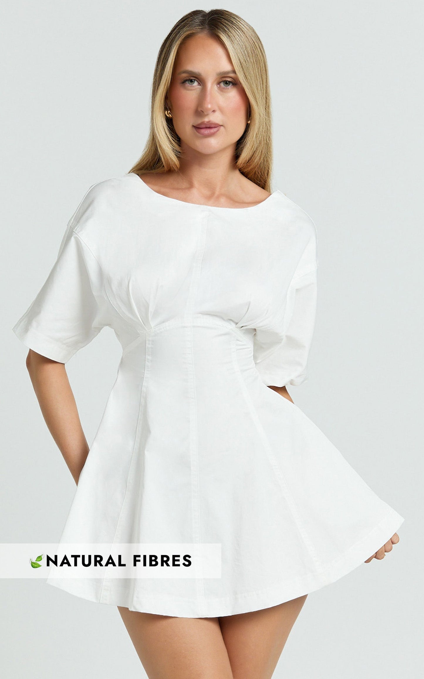 Dylan Mini Dress - High Boatneck Sleeved Fit And Flare Skirt Dress in White