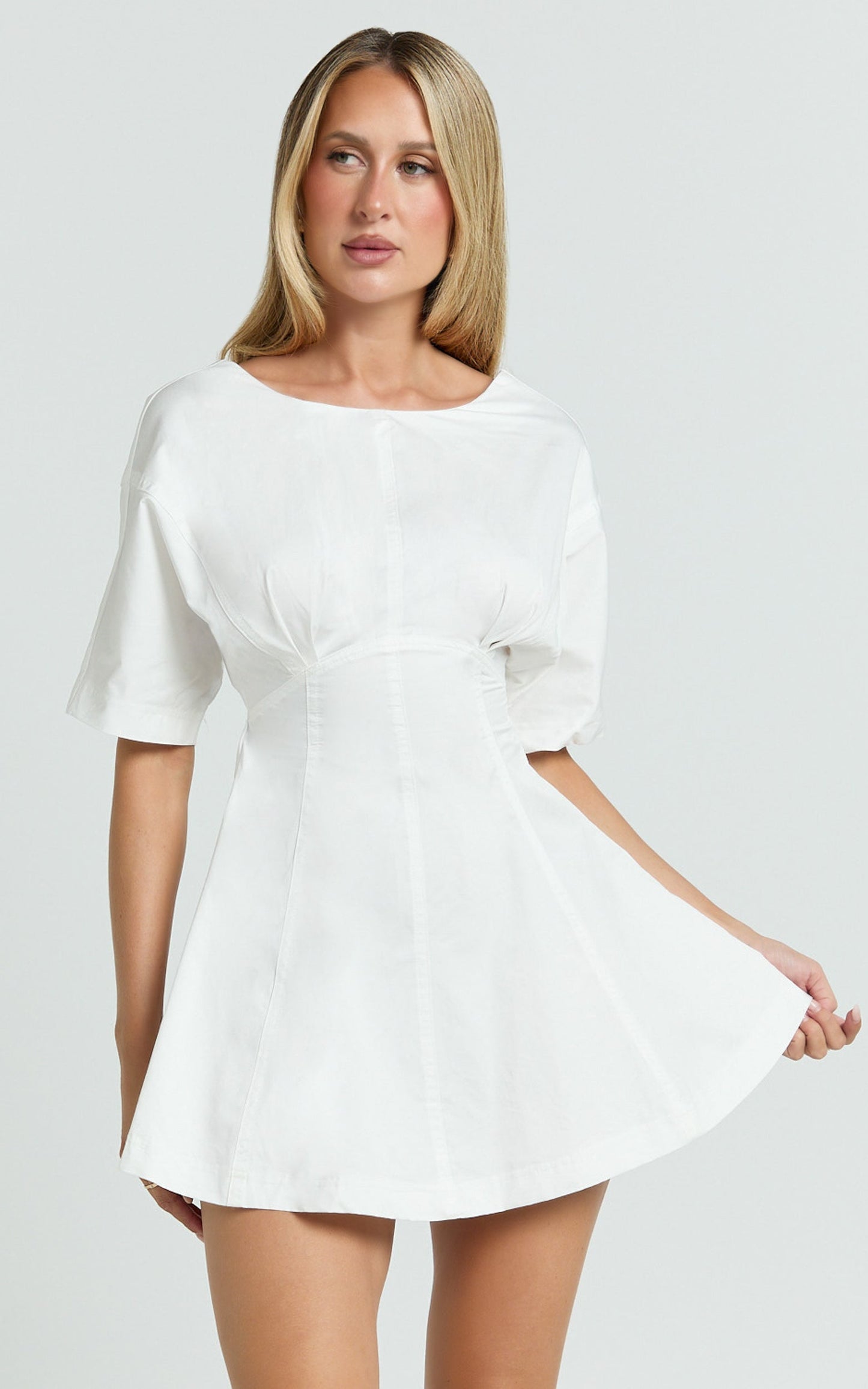 Dylan Mini Dress - High Boatneck Sleeved Fit And Flare Skirt Dress in White
