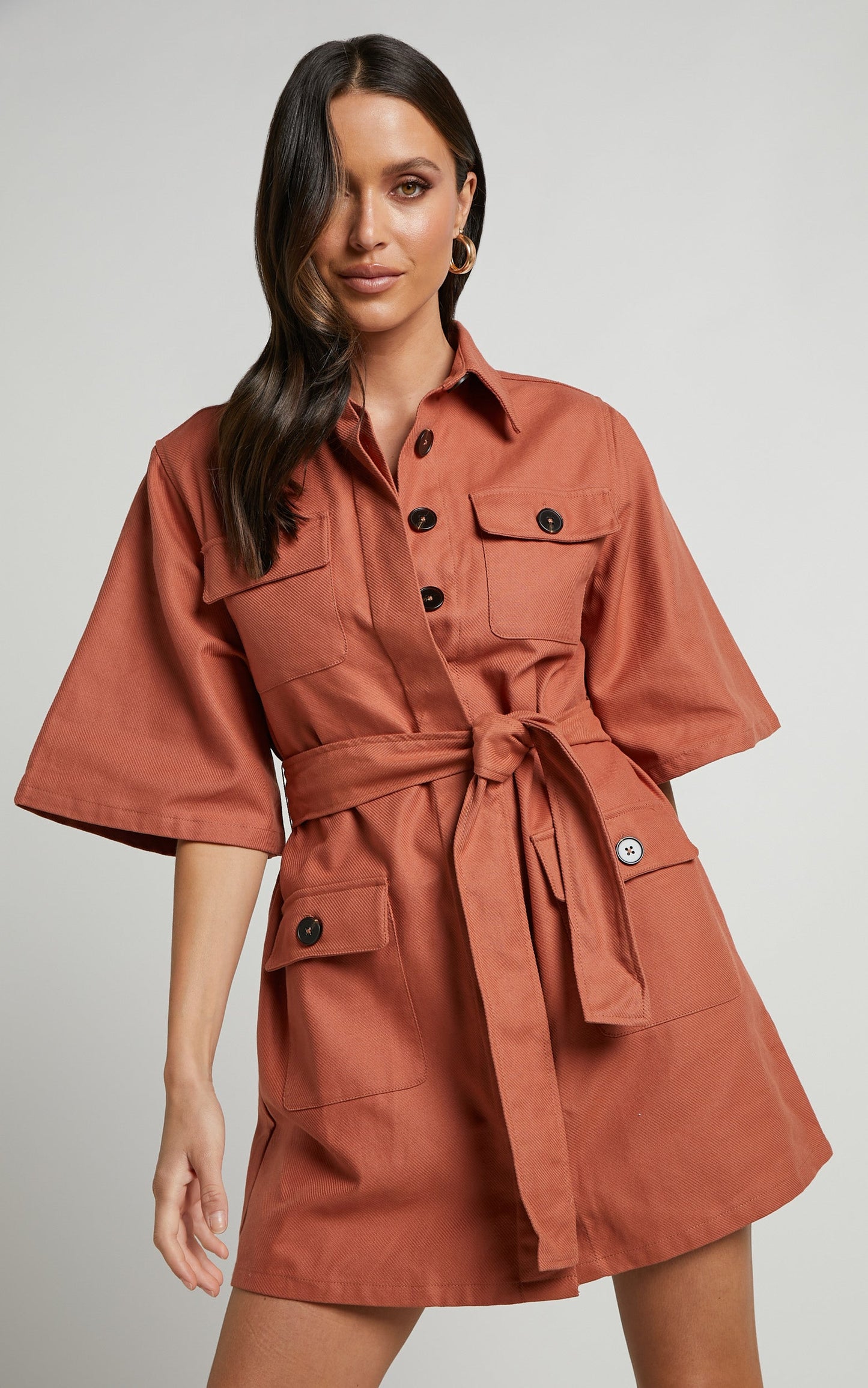 Dynalyn Mini Dress - Wide Sleeve Utility Dress in Terricotta