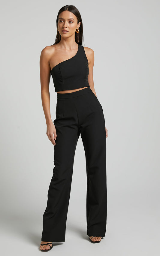 Eureka Two Piece Set - Asymmetrical One Shoulder Wide Leg Set in Black