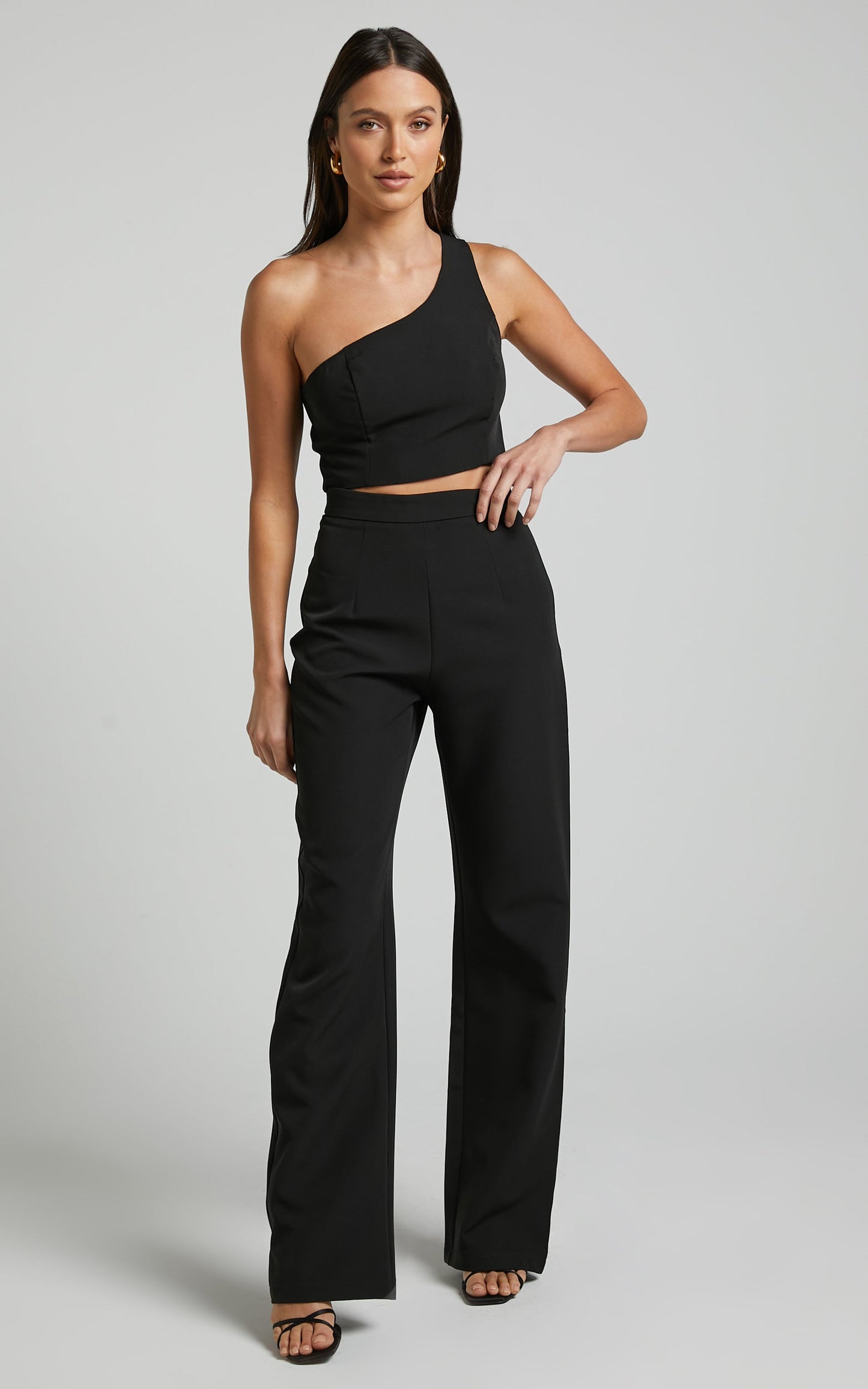 Eureka Two Piece Set - Asymmetrical One Shoulder Wide Leg Set in Black