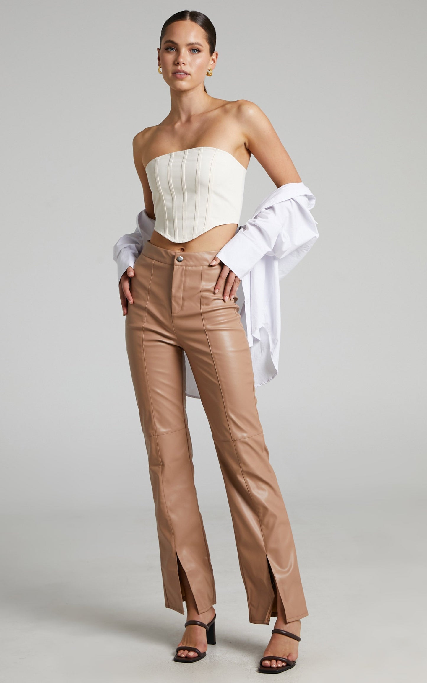 Evanthe Trousers - High Waisted Front Split Faux Leather Trousers in Beige