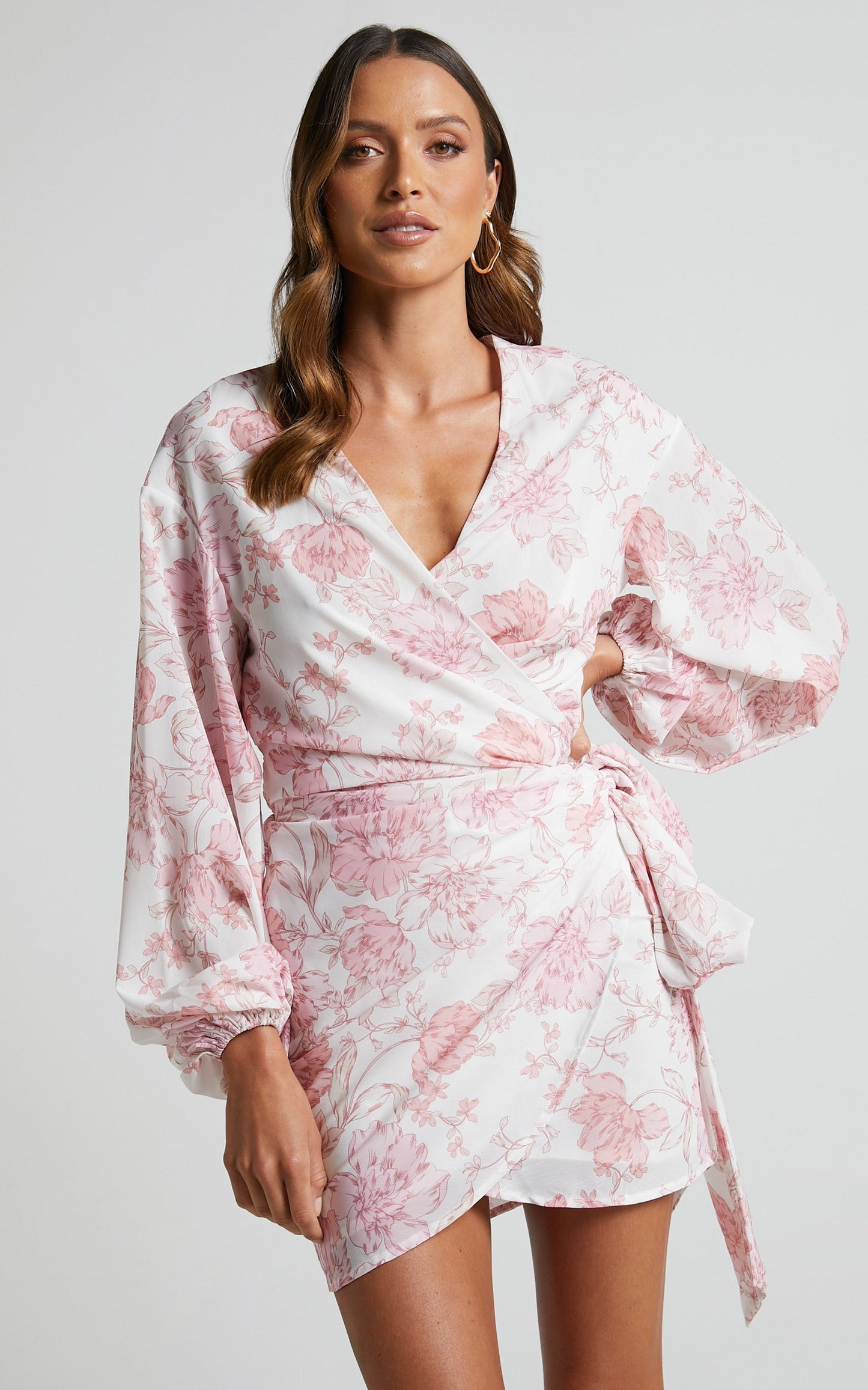 Ebielle Mini Dress - Wrap Front Long Sleeve Dress in Pastel Spring Floral
