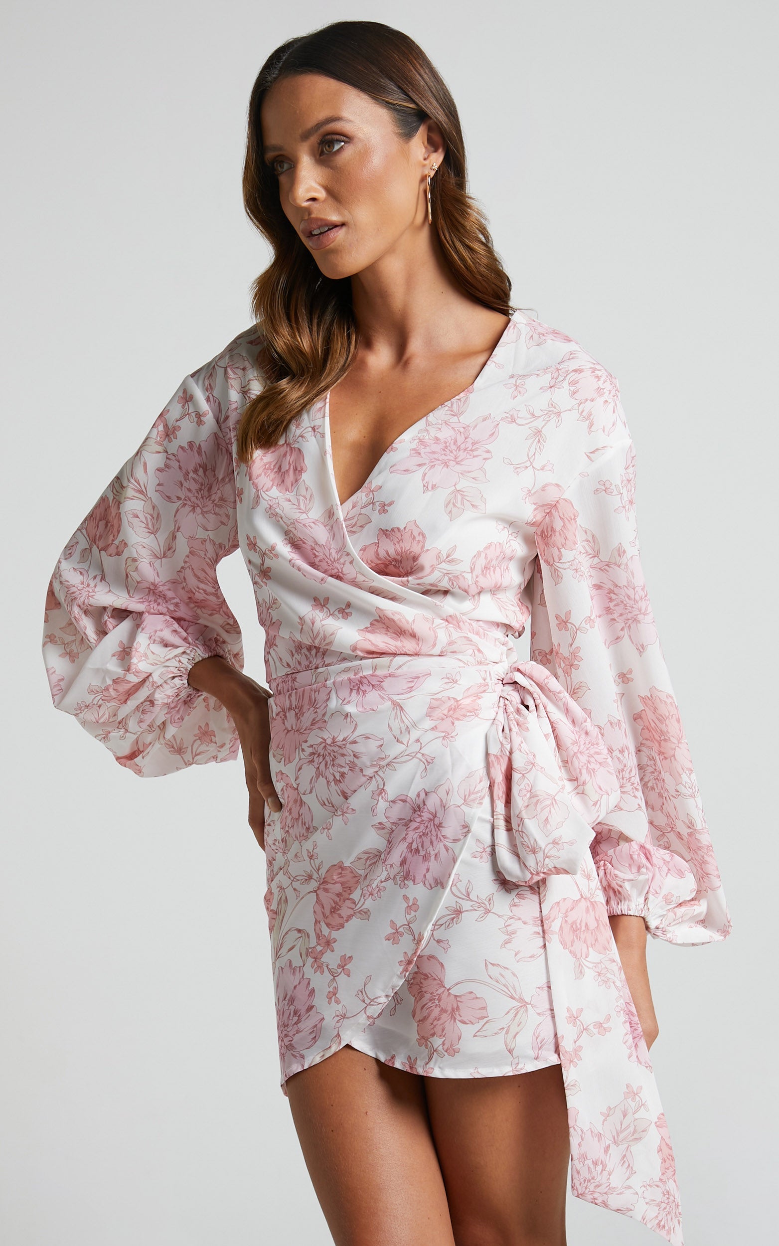 Ebielle Mini Dress - Wrap Front Long Sleeve Dress in Pastel Spring Floral