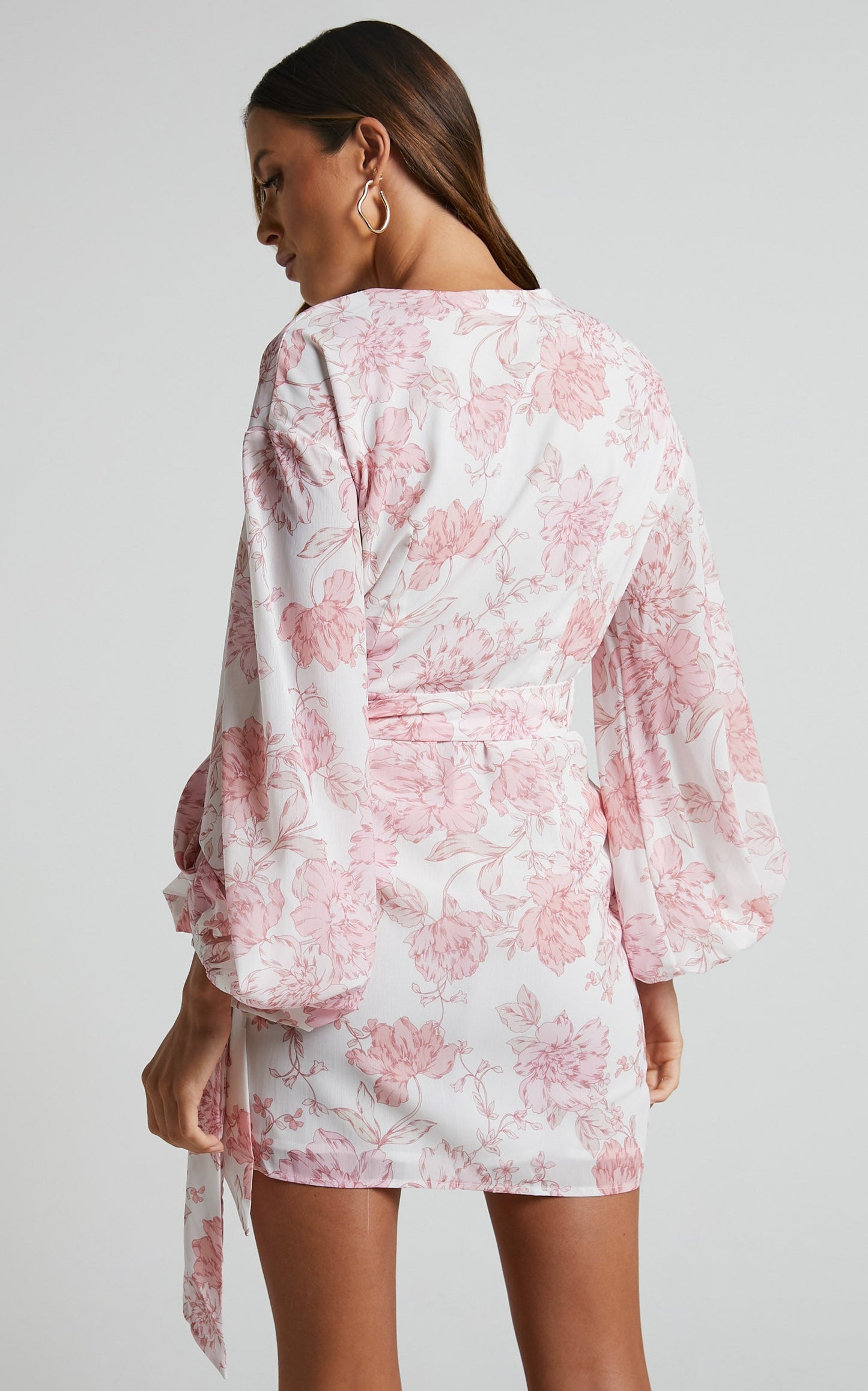Ebielle Mini Dress - Wrap Front Long Sleeve Dress in Pastel Spring Floral