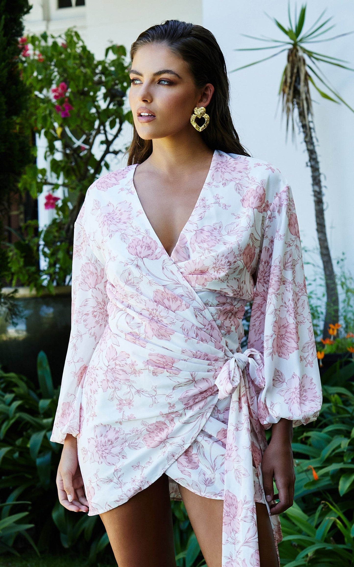 Ebielle Mini Dress - Wrap Front Long Sleeve Dress in Pastel Spring Floral