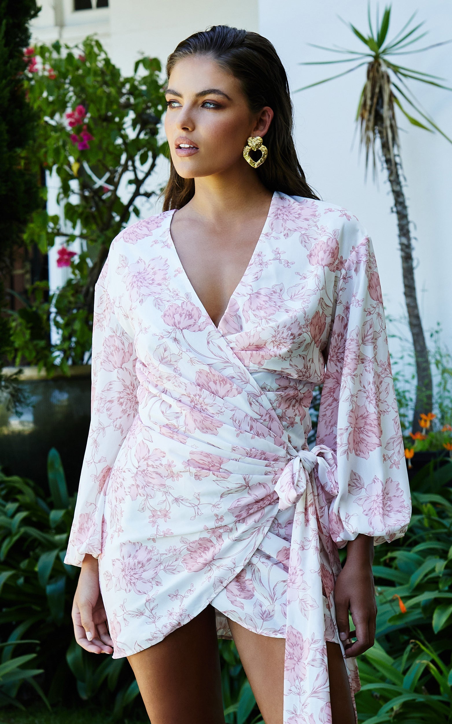 Ebielle Mini Dress - Wrap Front Long Sleeve Dress in Pastel Spring Floral