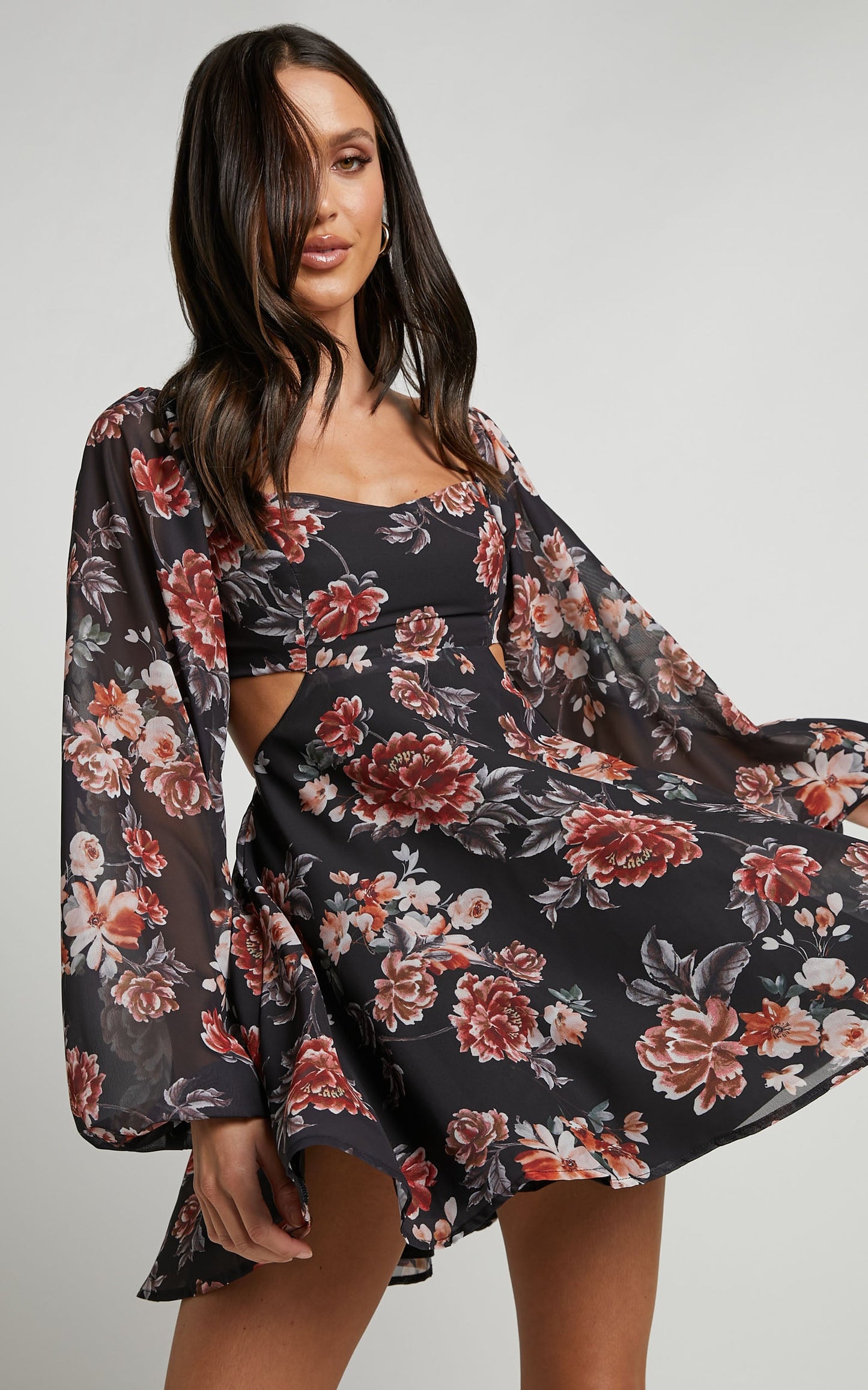 Ebonee Mini Dress - Puff Sleeve Cut Out Dress in Noir Floral