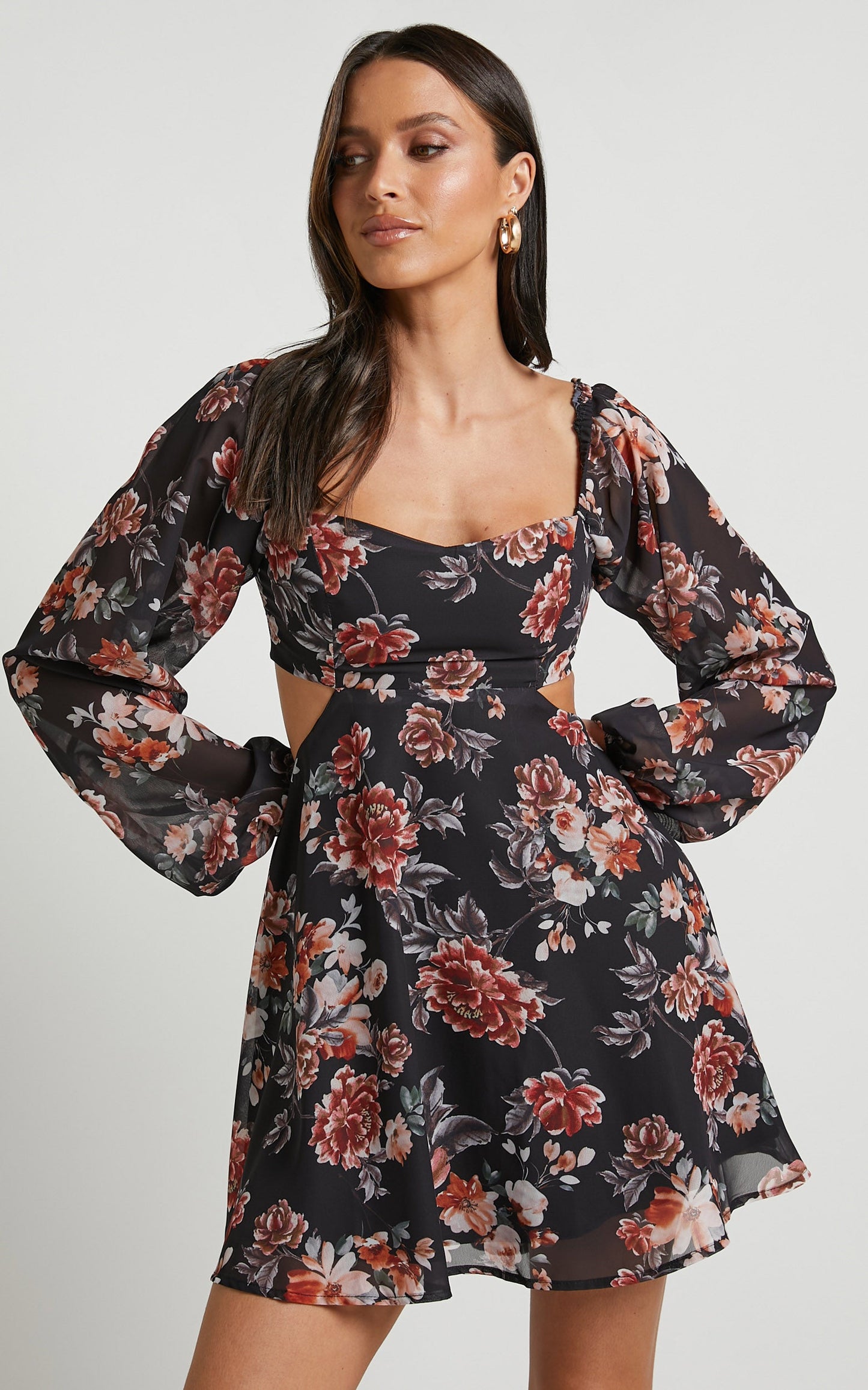 Ebonee Mini Dress - Puff Sleeve Cut Out Dress in Noir Floral