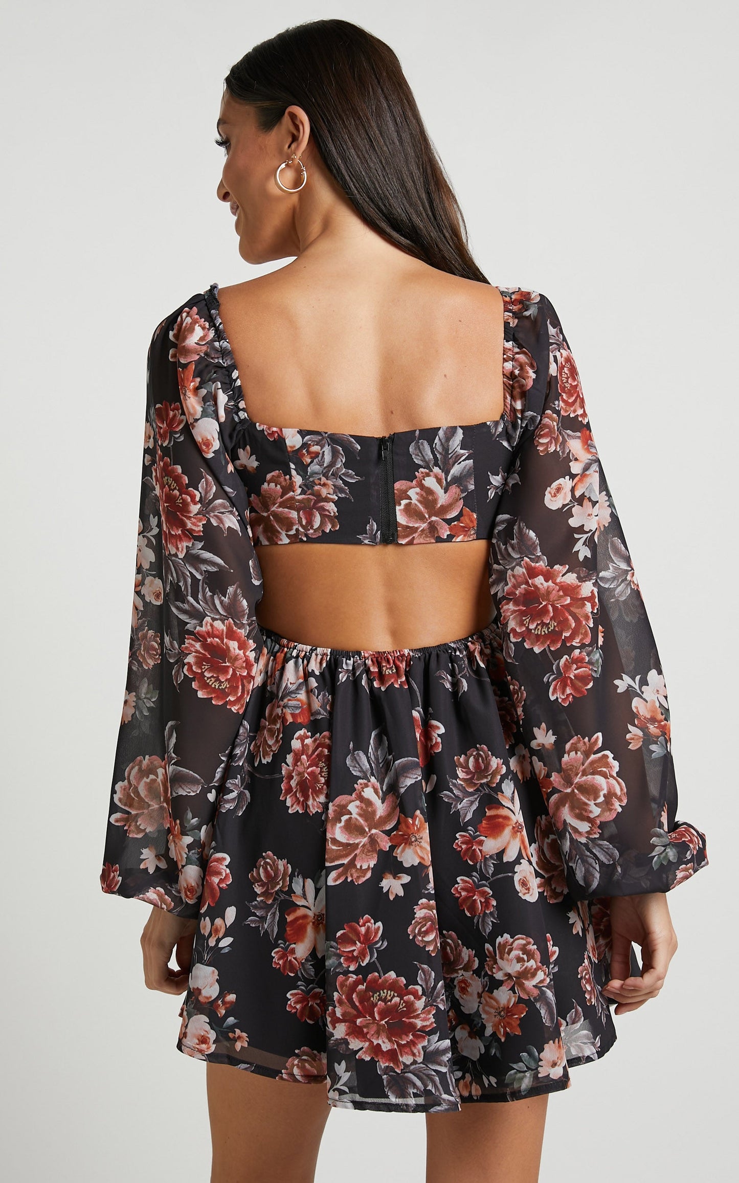 Ebonee Mini Dress - Puff Sleeve Cut Out Dress in Noir Floral