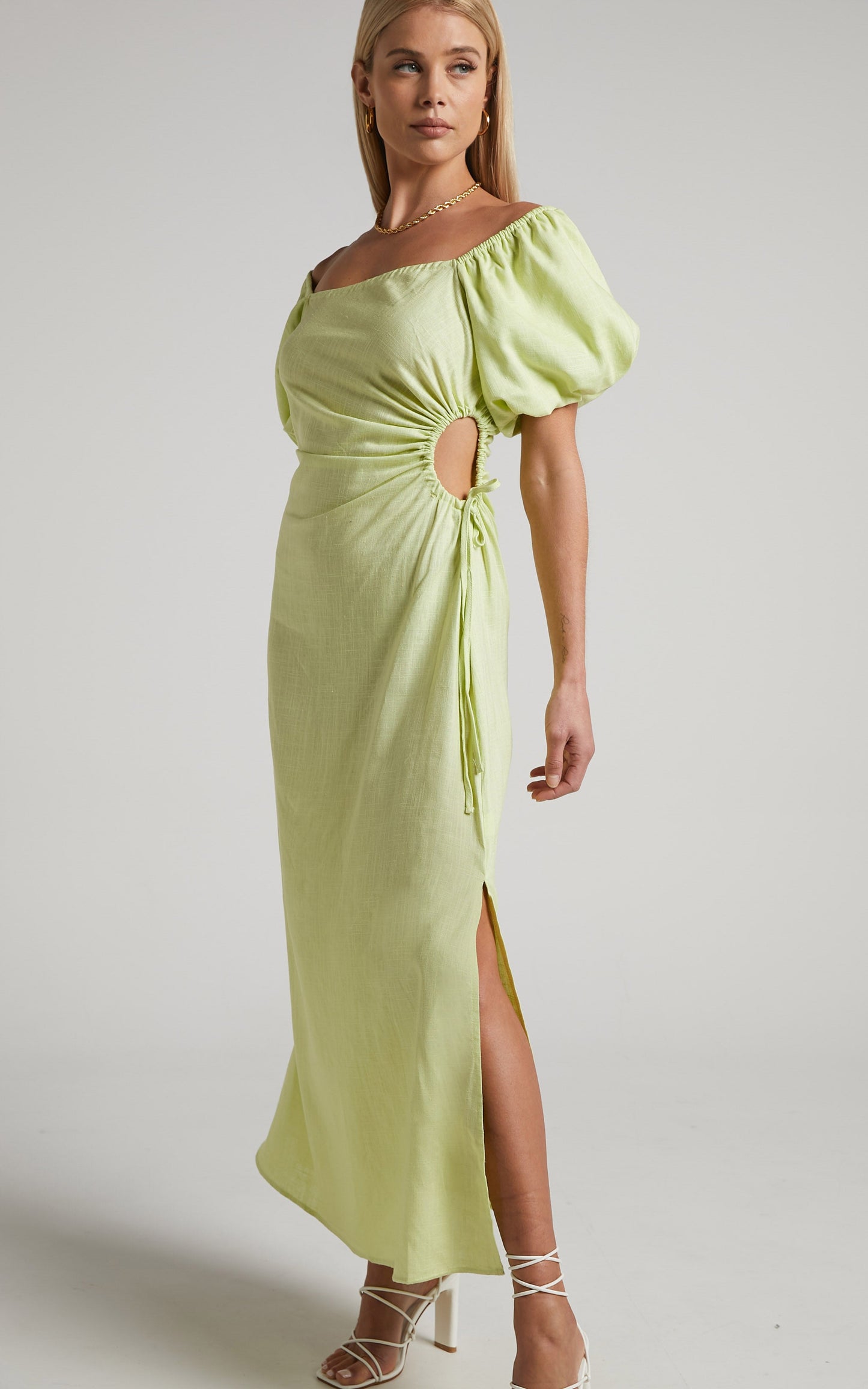 Ebony Maxi Dress - Side Cut Out Square Neck Puff Sleeve Dress in Citrus