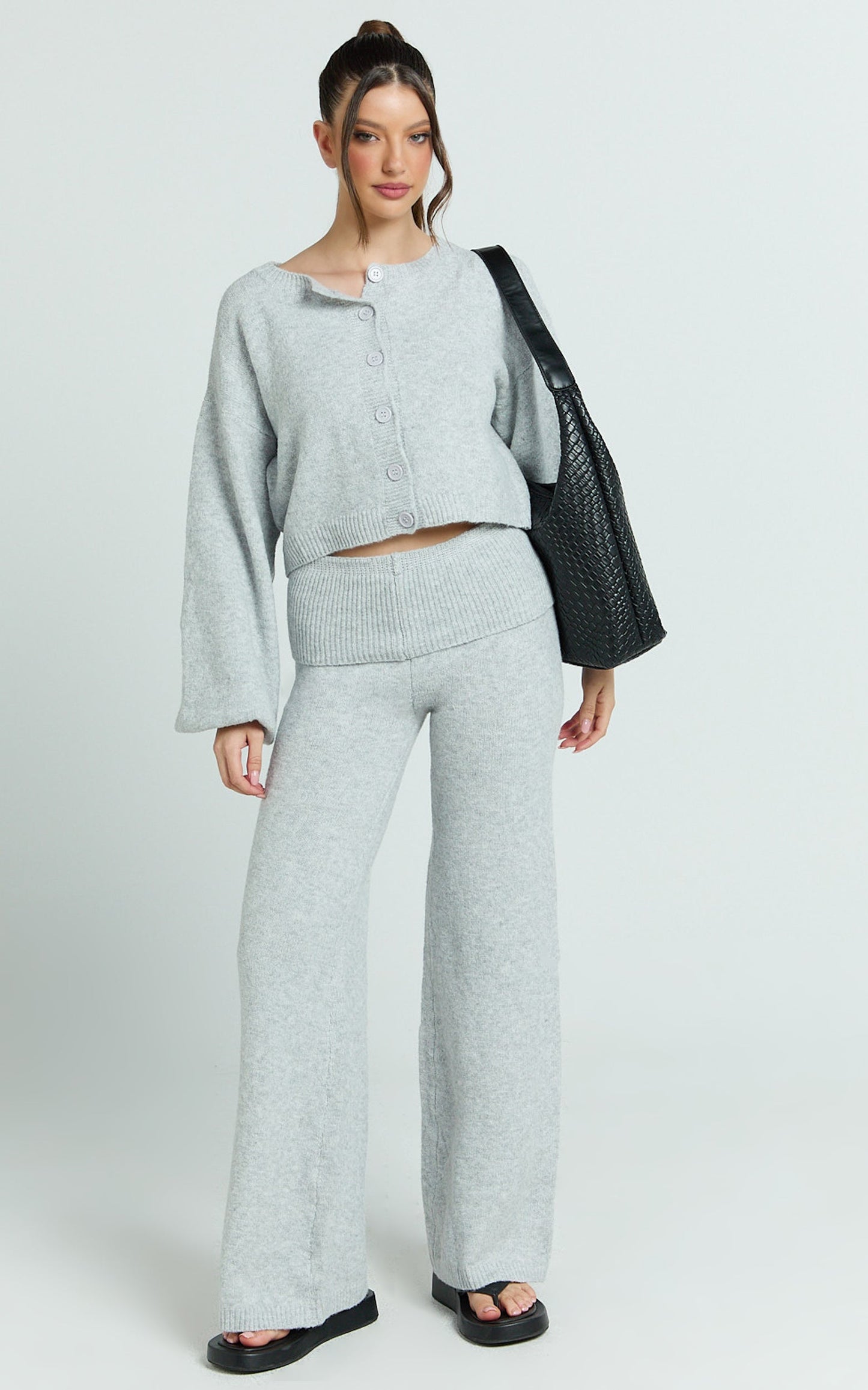 Ebony Two Piece Top and Pants Set - Knitted Crop Cardigan and Pants Set in Light Grey
